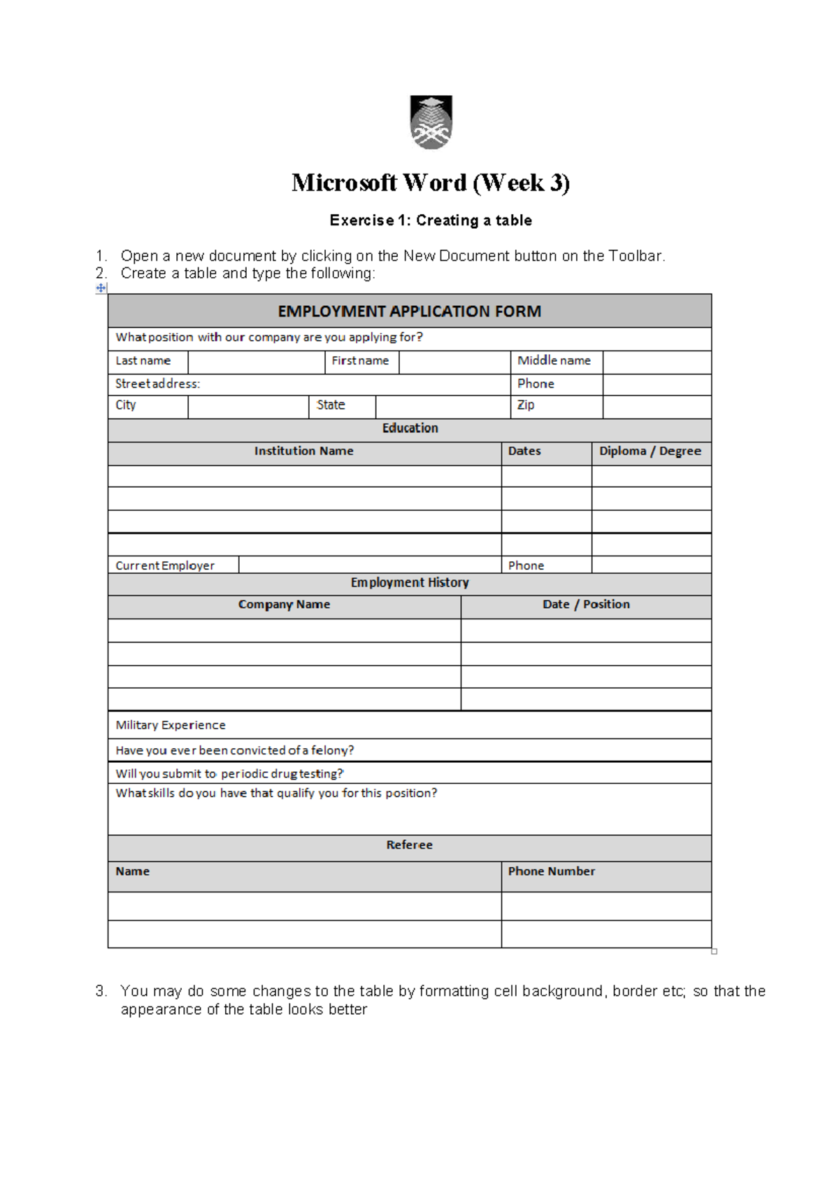 Microsoft Word (Week 3) Exercise: Table Creation and Formatting - Studocu