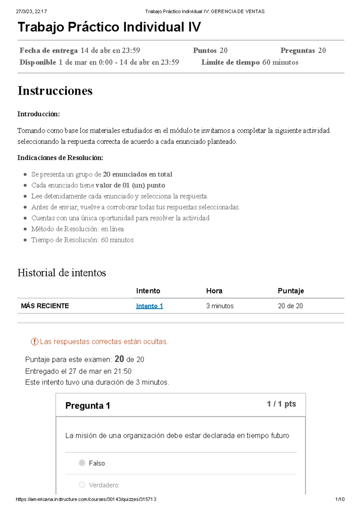 Examen Parcial 1 - Gerencia de Ventas [Unidad 1 y 2] Notas y Respuestas ...