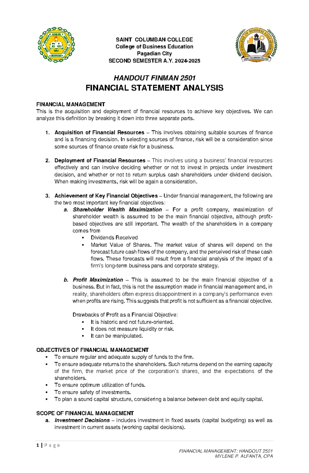 Financial Management 2501: Comprehensive Handout on FS Analysis - Studocu