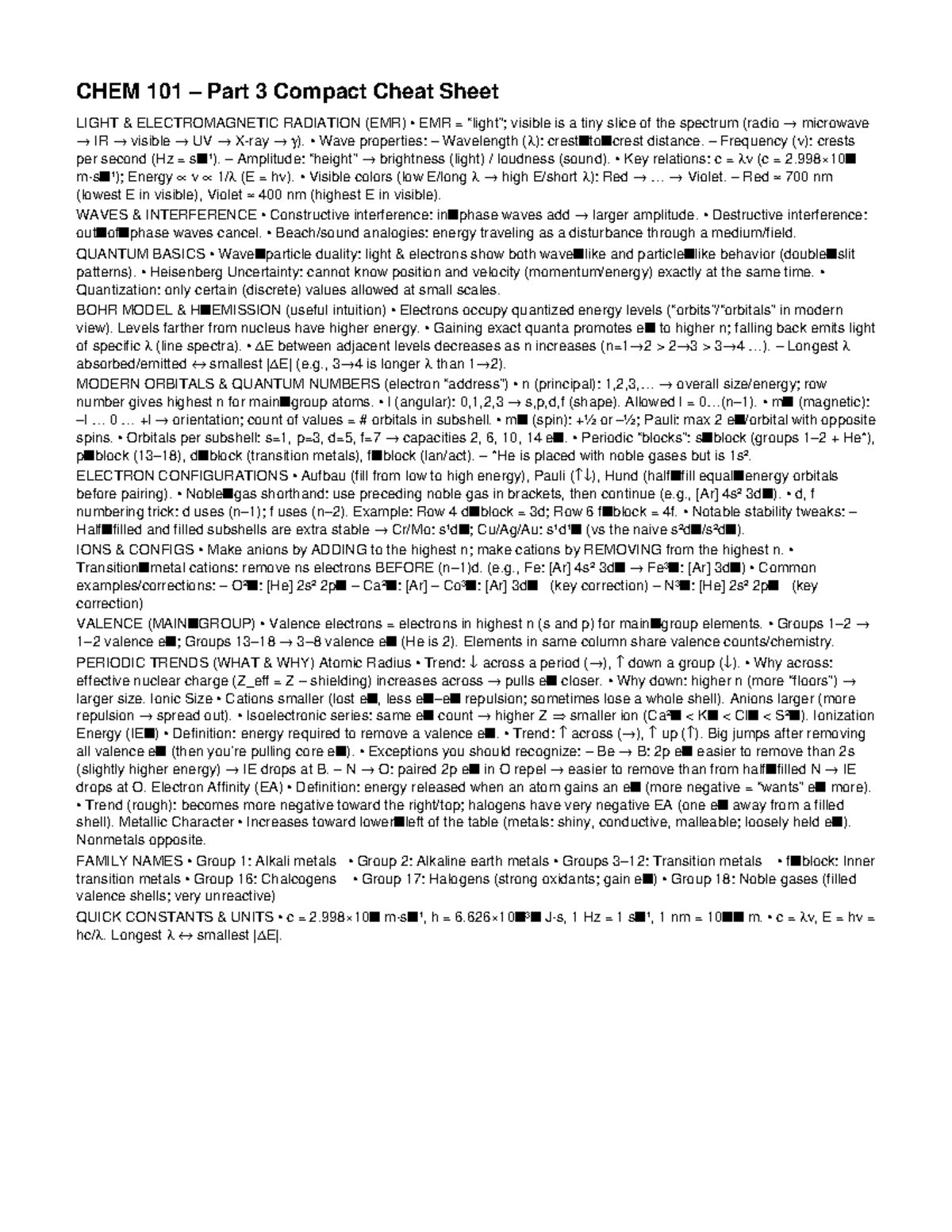 CHEM 101 Part 3: Compact Cheat Sheet on Light & EMR Concepts - Studocu