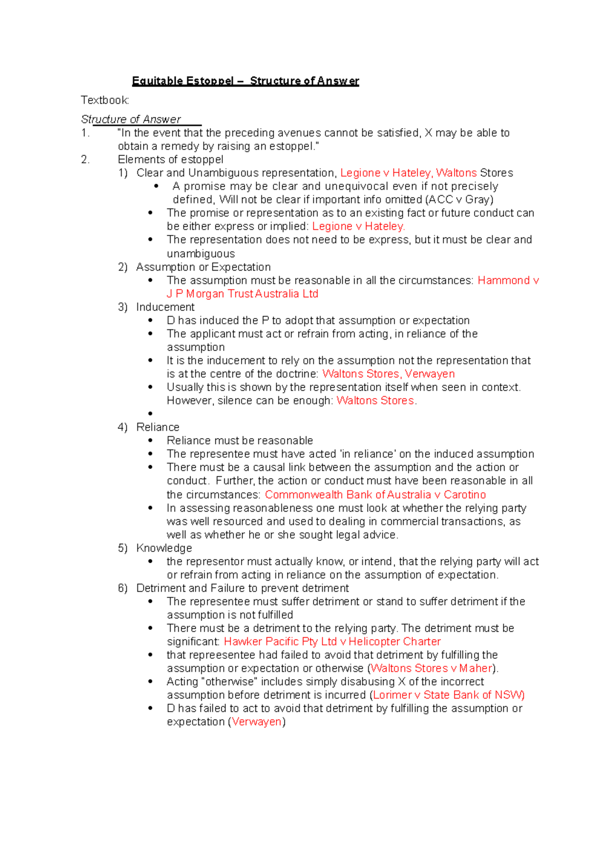 Equity Exam Notes: Equitable Estoppel - Structure & Case Summaries ...