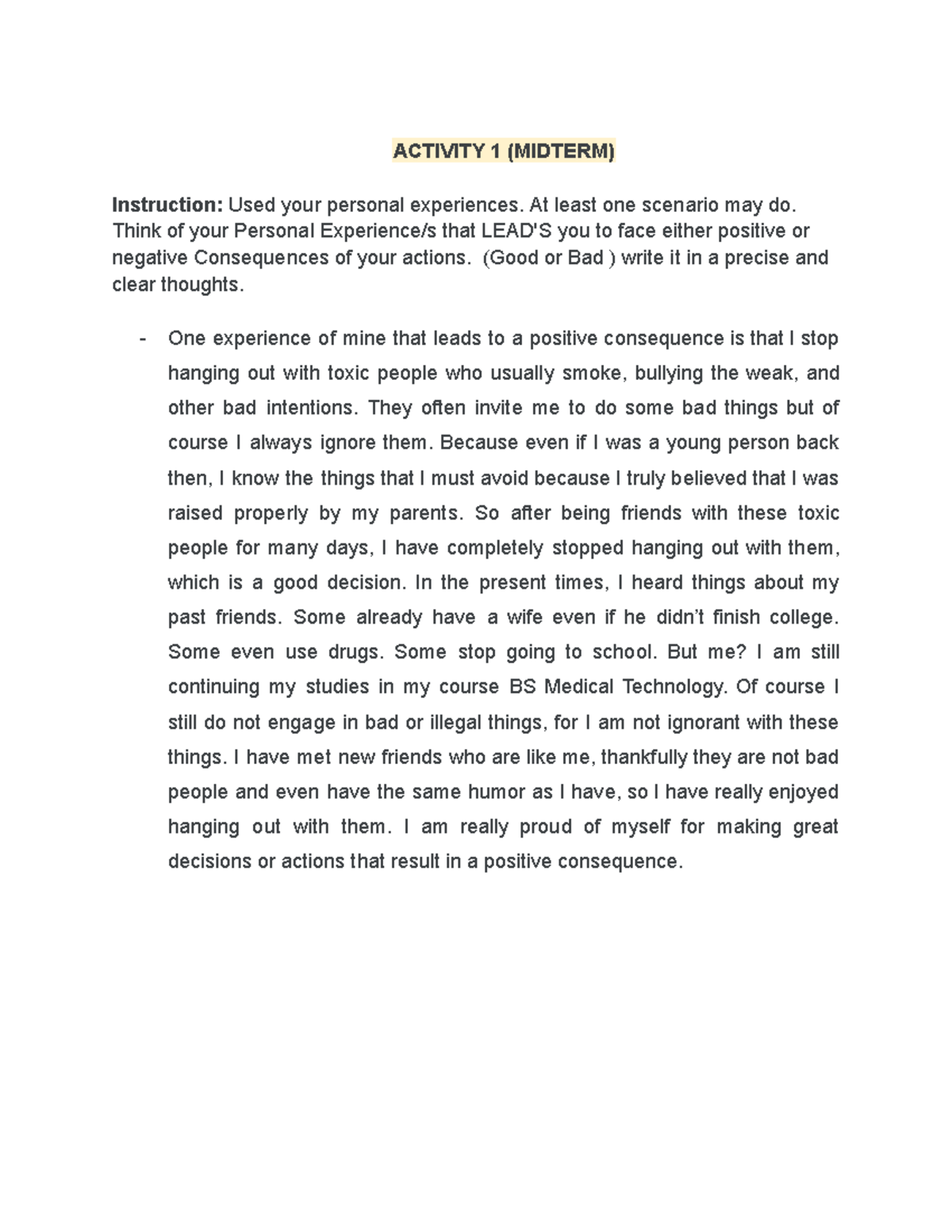 ACT 1 (MIDTERM) - Personal Experiences and Positive Consequences - Studocu