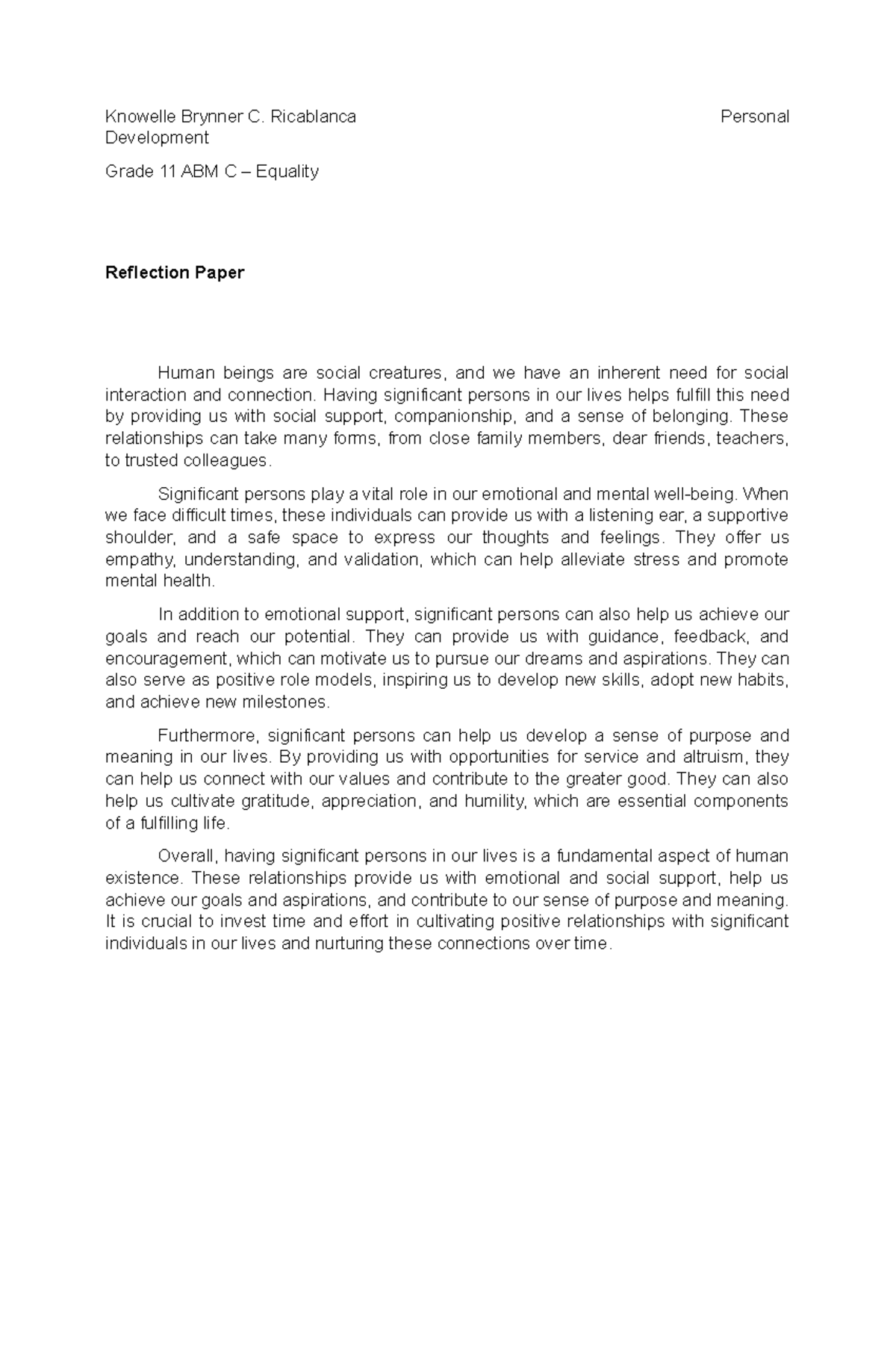 Reflection Paper - Personal Development (Grade 11 ABM C) - Studocu