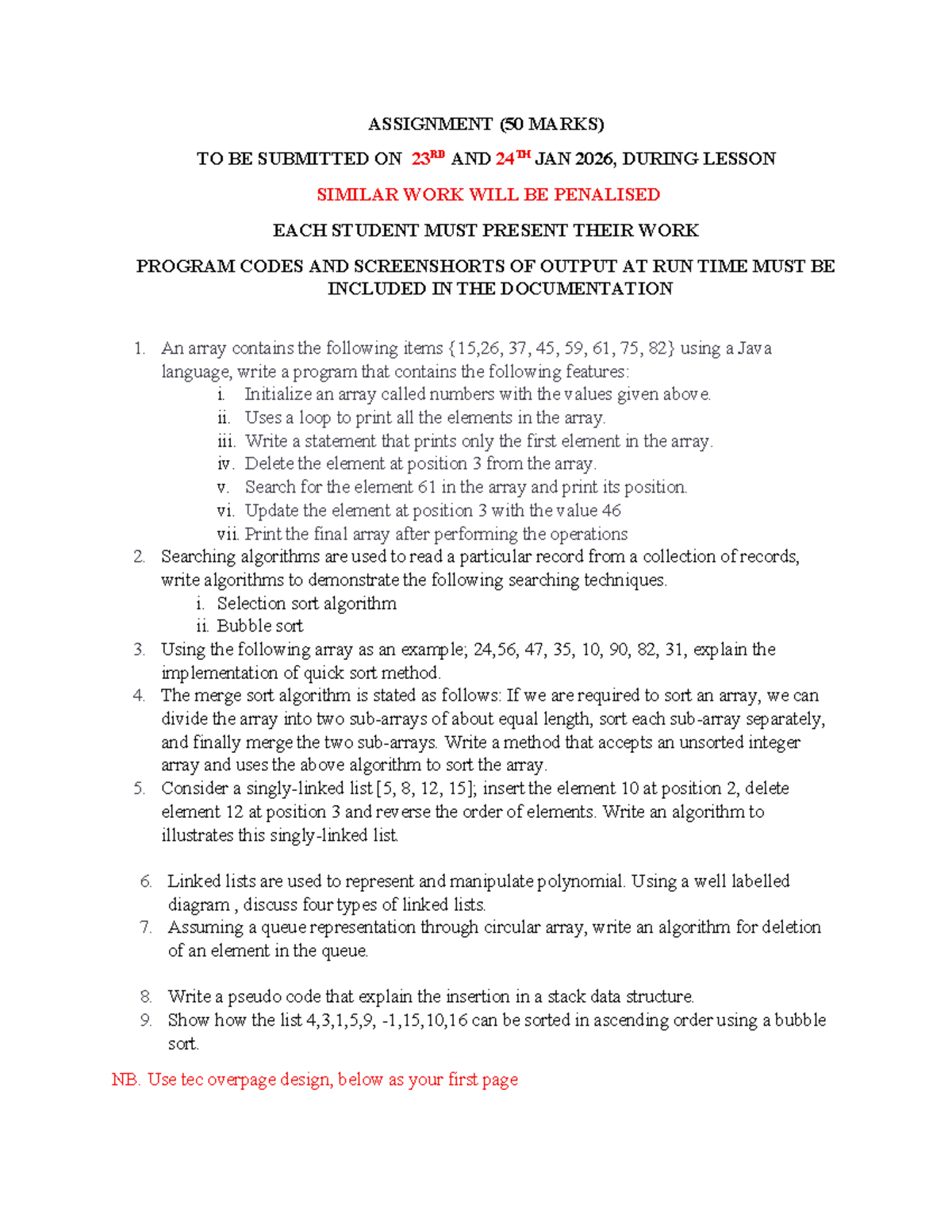 Java Programming Assignment (50 Marks) - Submission Due Jan 23-24, 2026 ...
