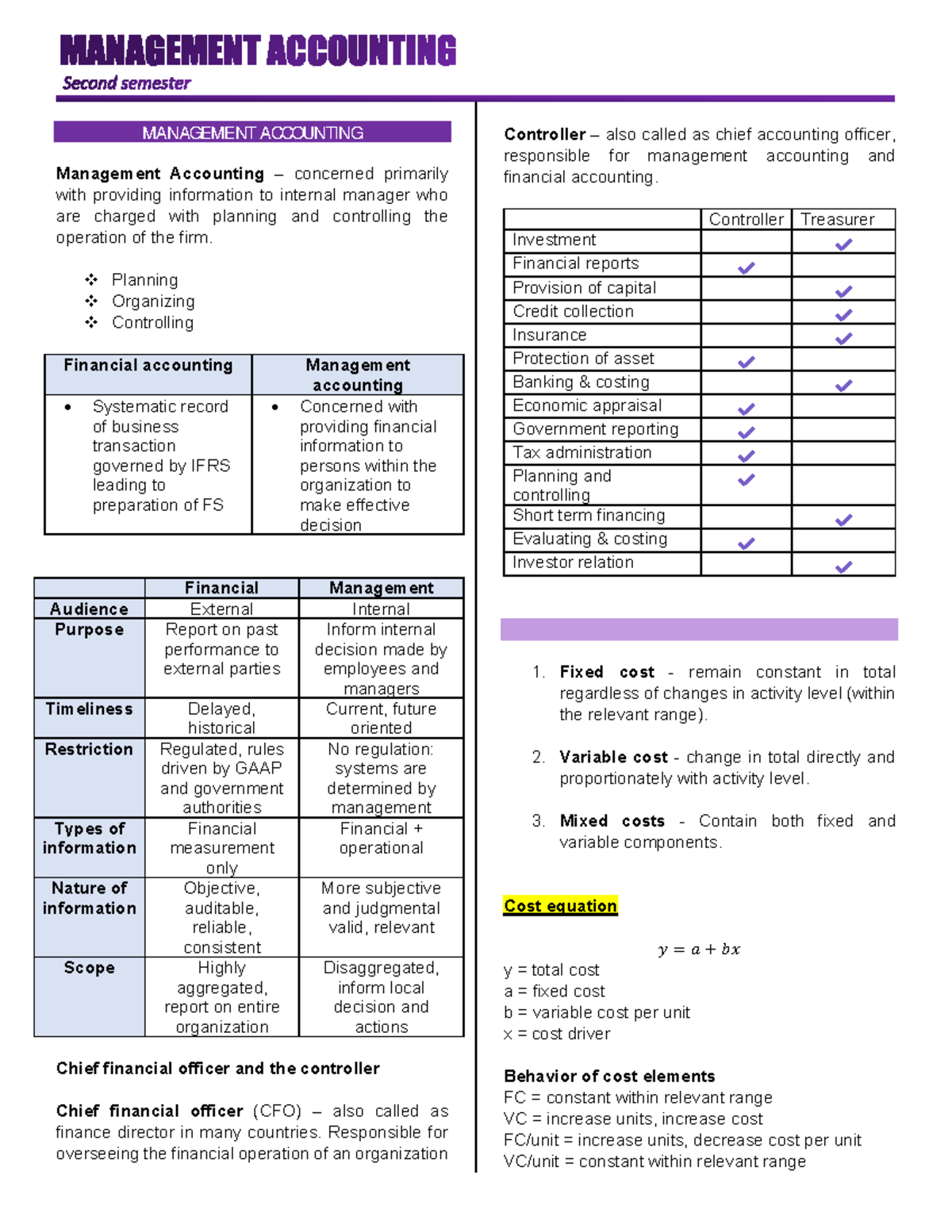 MANAGEMENT ACCOUNTING (Second Semester) Overview and Key Concepts - Studocu