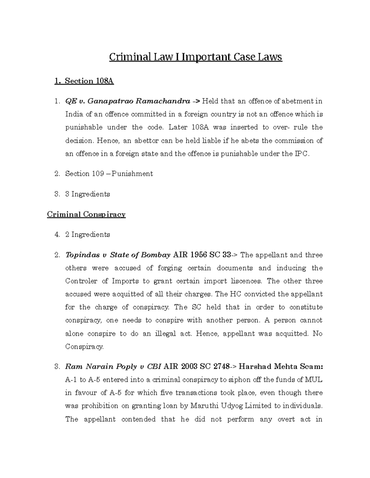 Criminal Law I: Key Case Laws and Legal Principles Summary - Studocu
