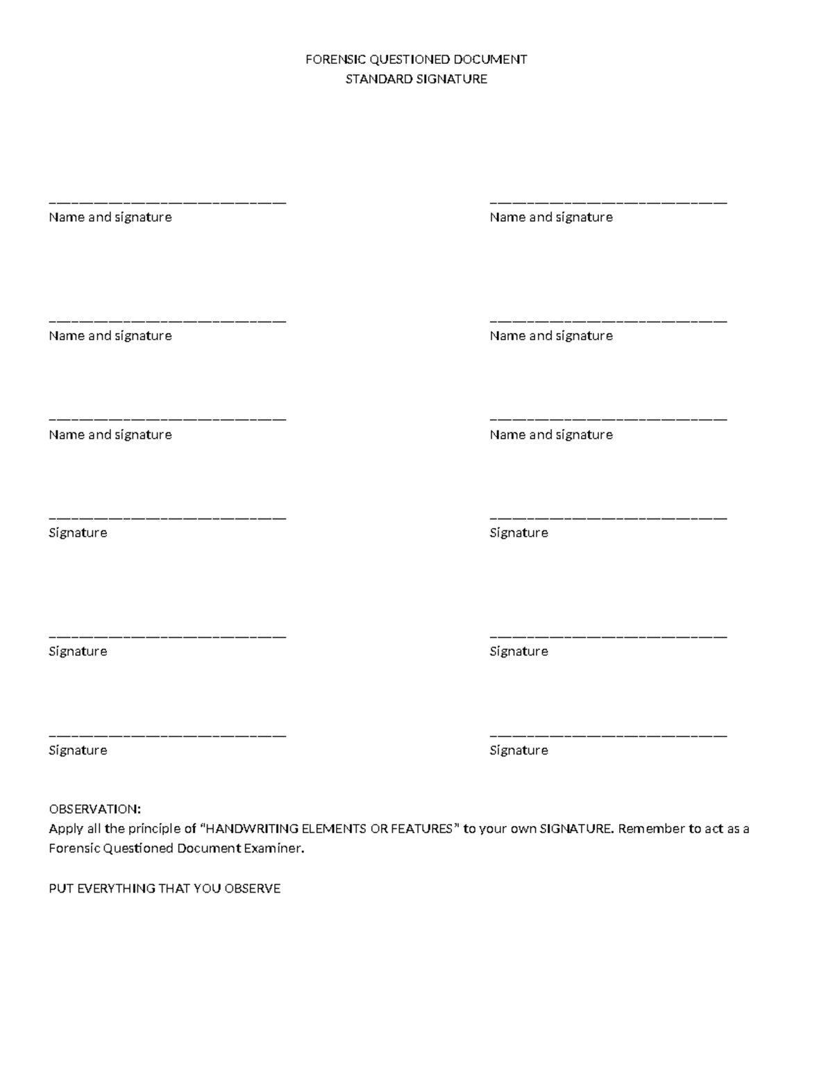 Forensic Questioned Document Analysis: Signature Observation Activity 1 ...