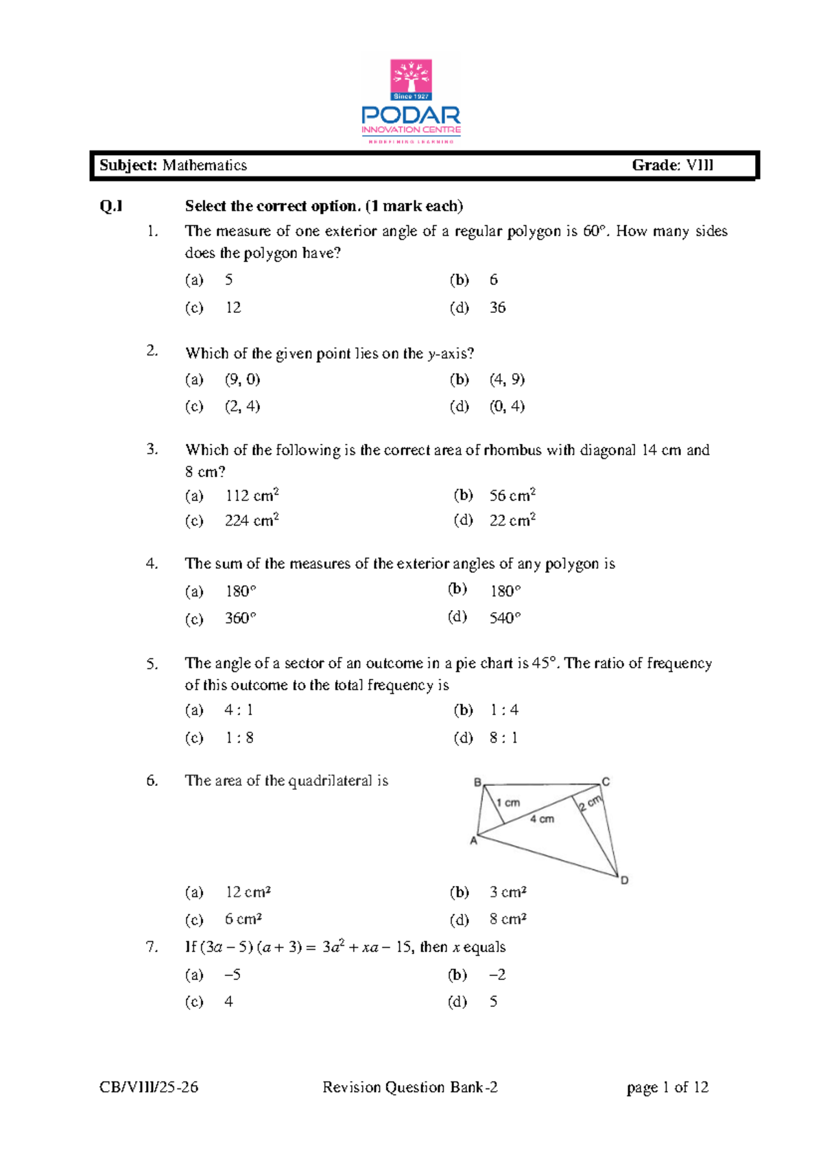 Mathematics Q.I Revision Questions and Answers for Grade 8 - Studocu