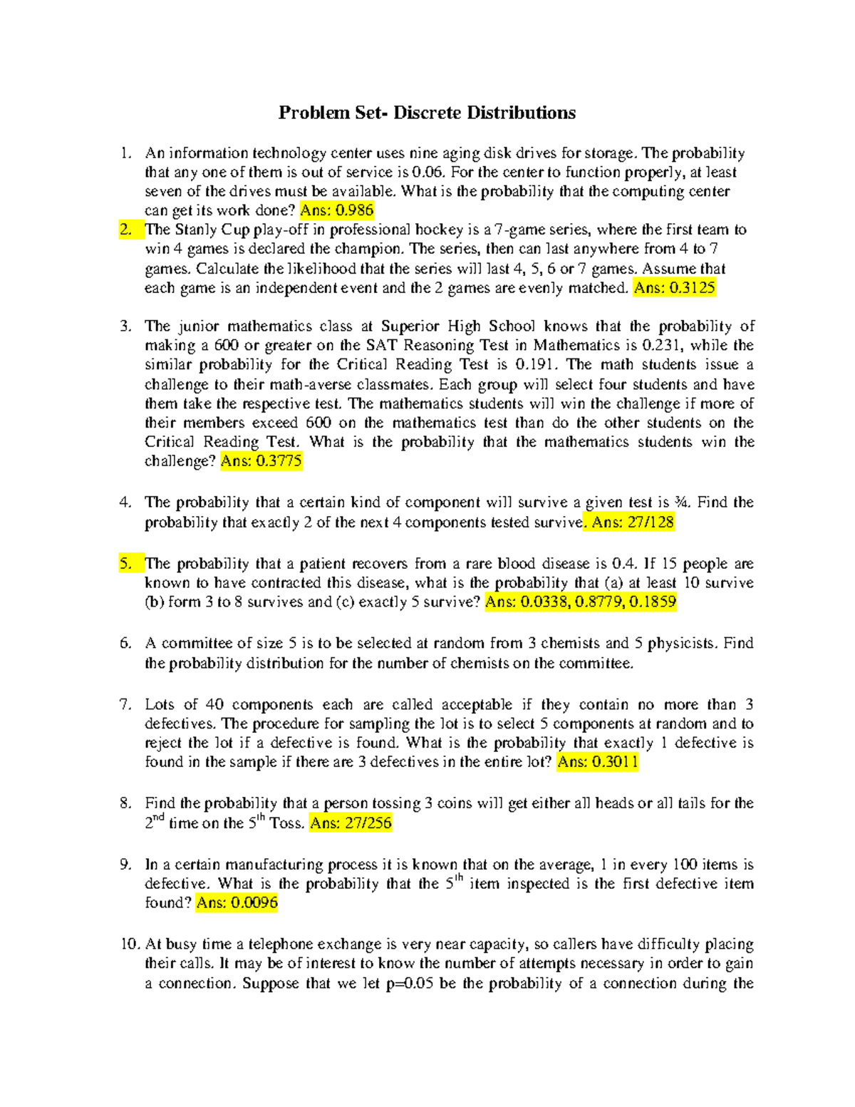 Problem Set on Discrete Distributions - MATH 101 - Studocu