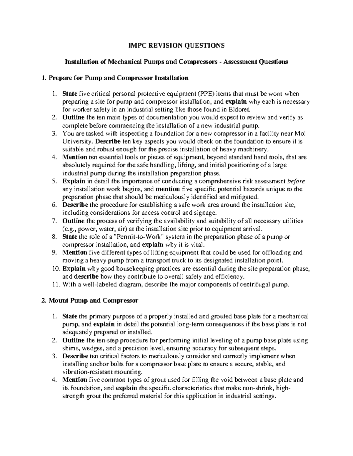 IMPC Revision Questions: Installation of Mechanical Pumps & Compressors ...