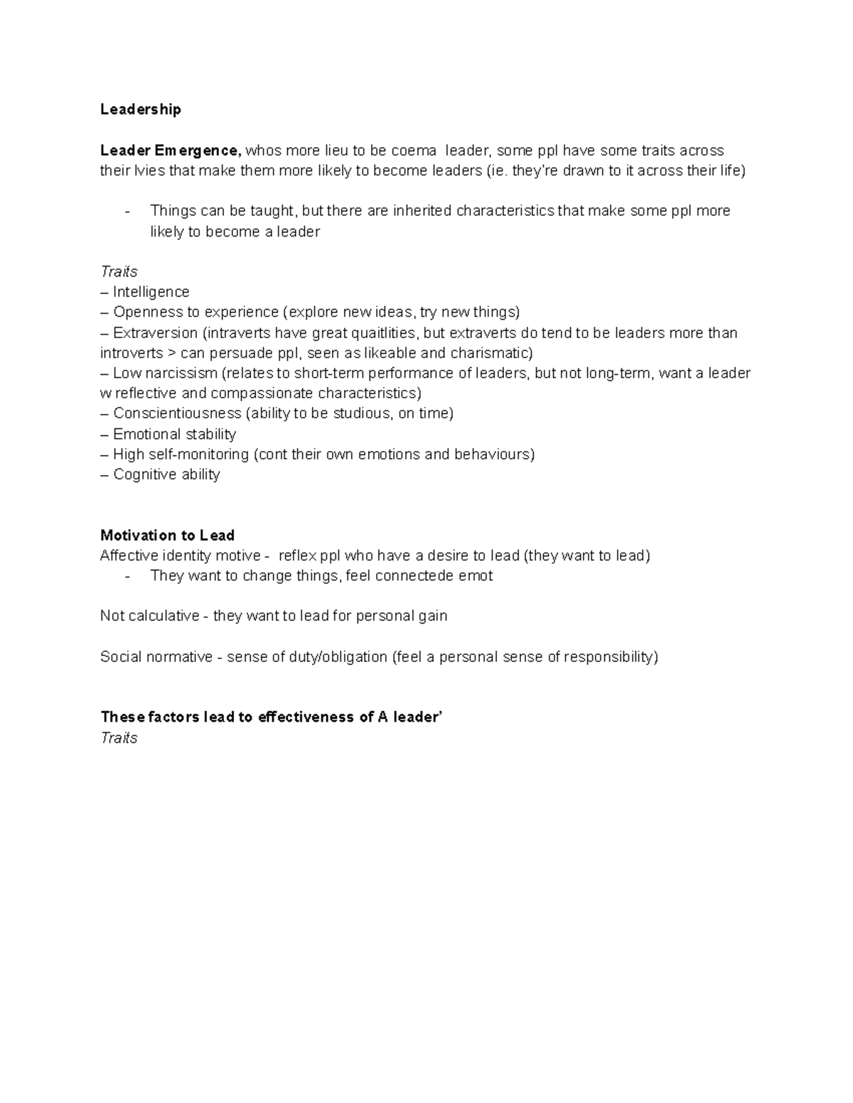 Leadership Traits and Styles: Insights from IO Course Notes 💚 - Studocu
