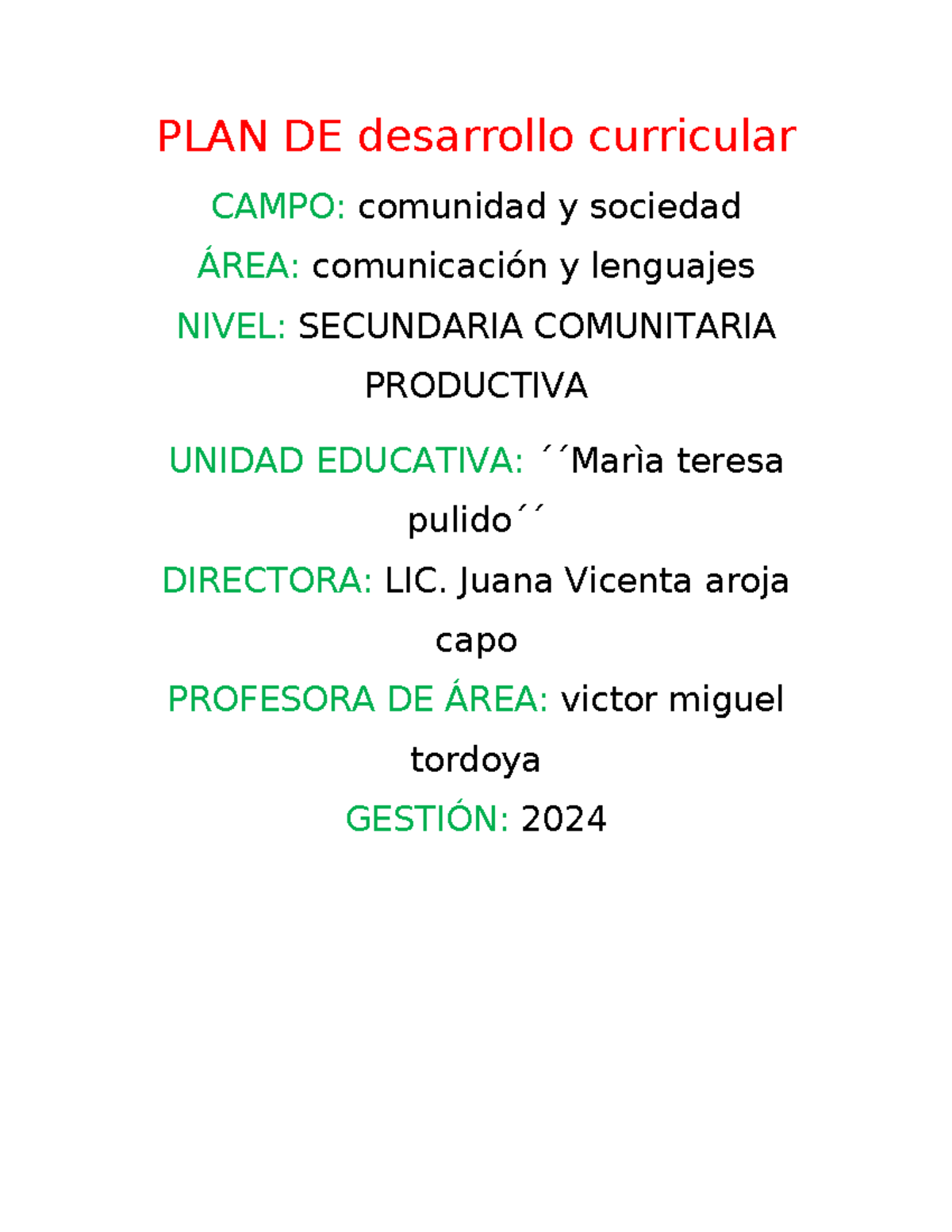 Caratula 2023 PLAN DE Desarrollo Curricular diagnostico victor ...