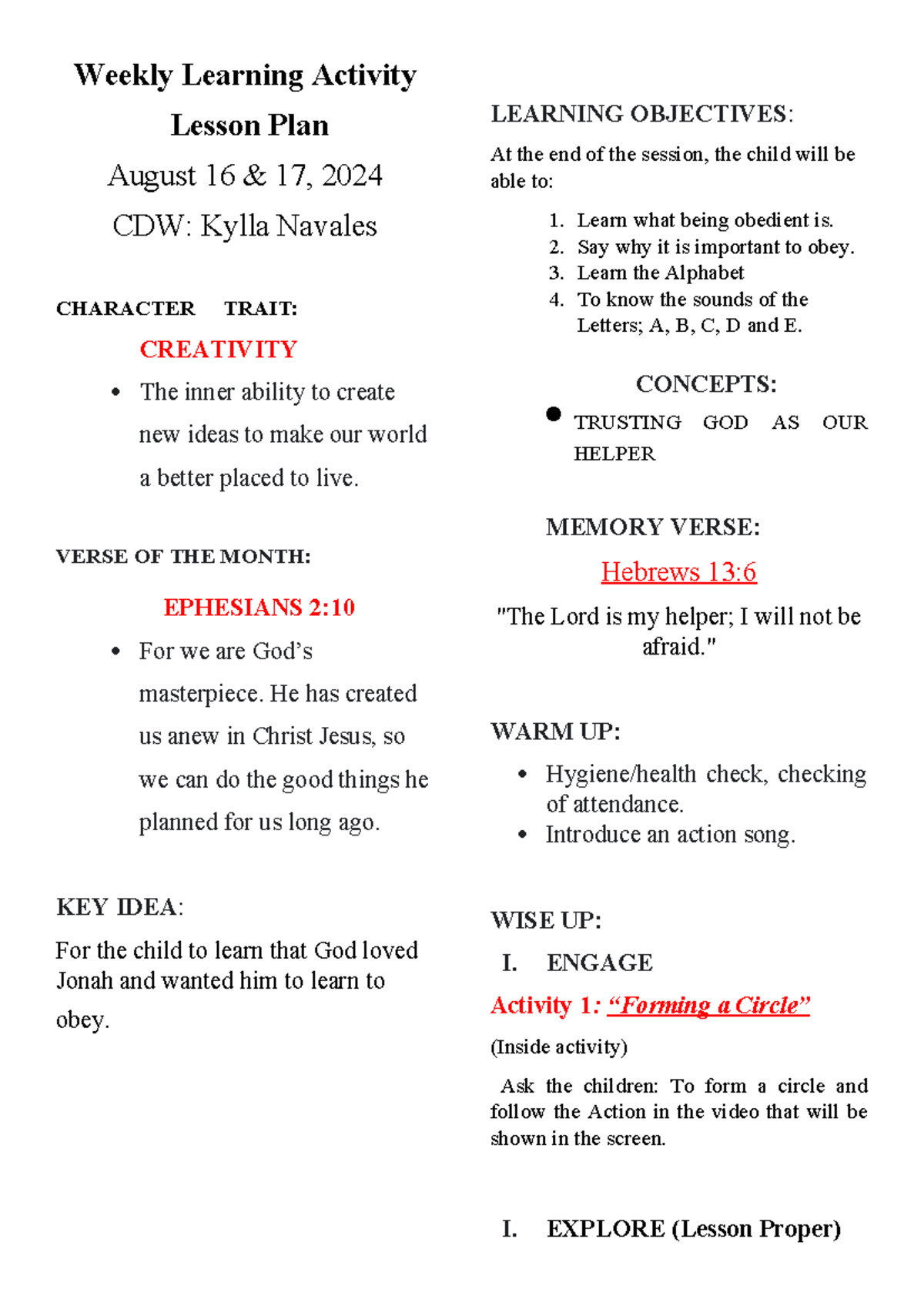 Weekly Learning Activity August 2024 2025 - Weekly Learning Activity ...