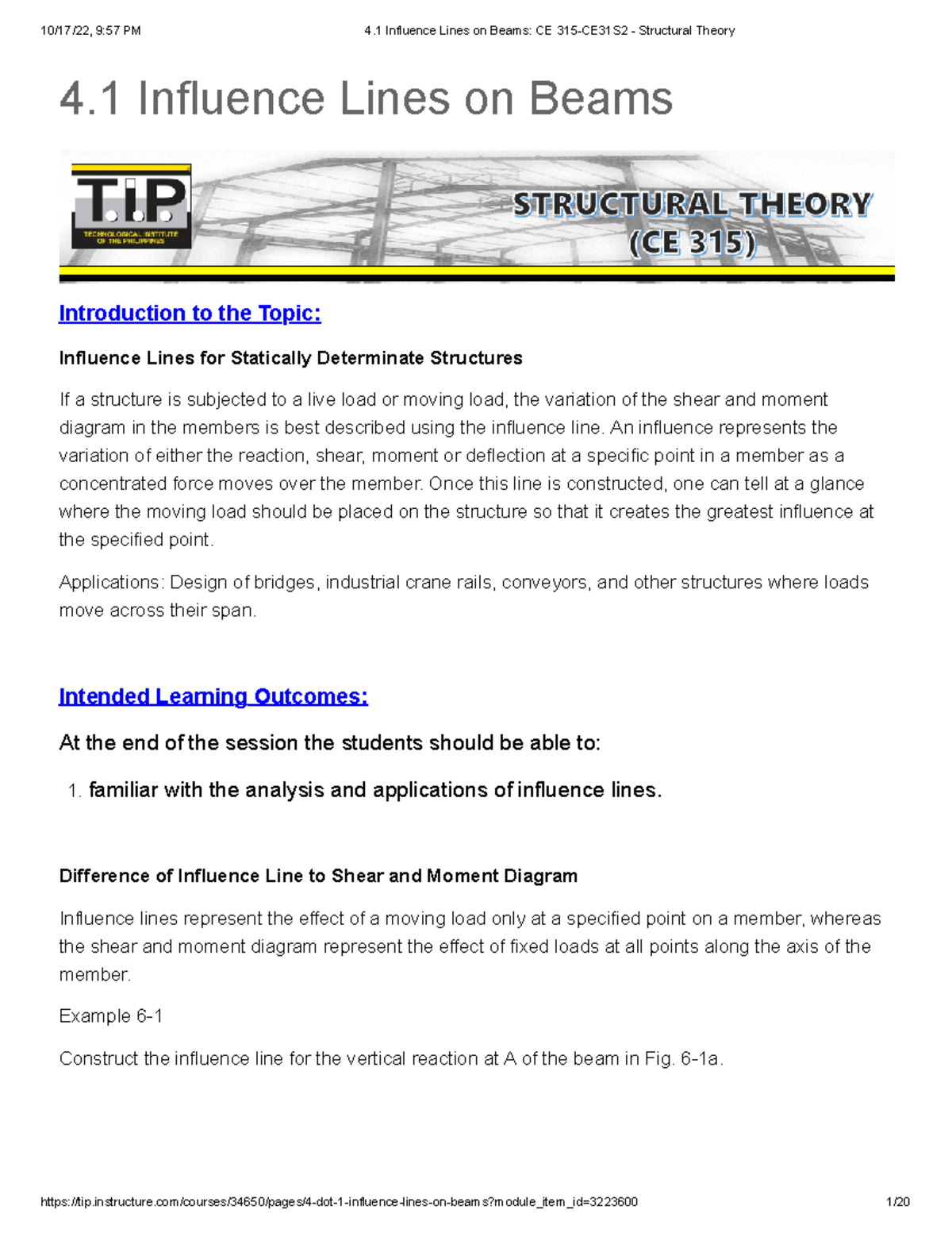 Influence Lines for Beams: Analysis and Applications (ENG 101) - Studocu