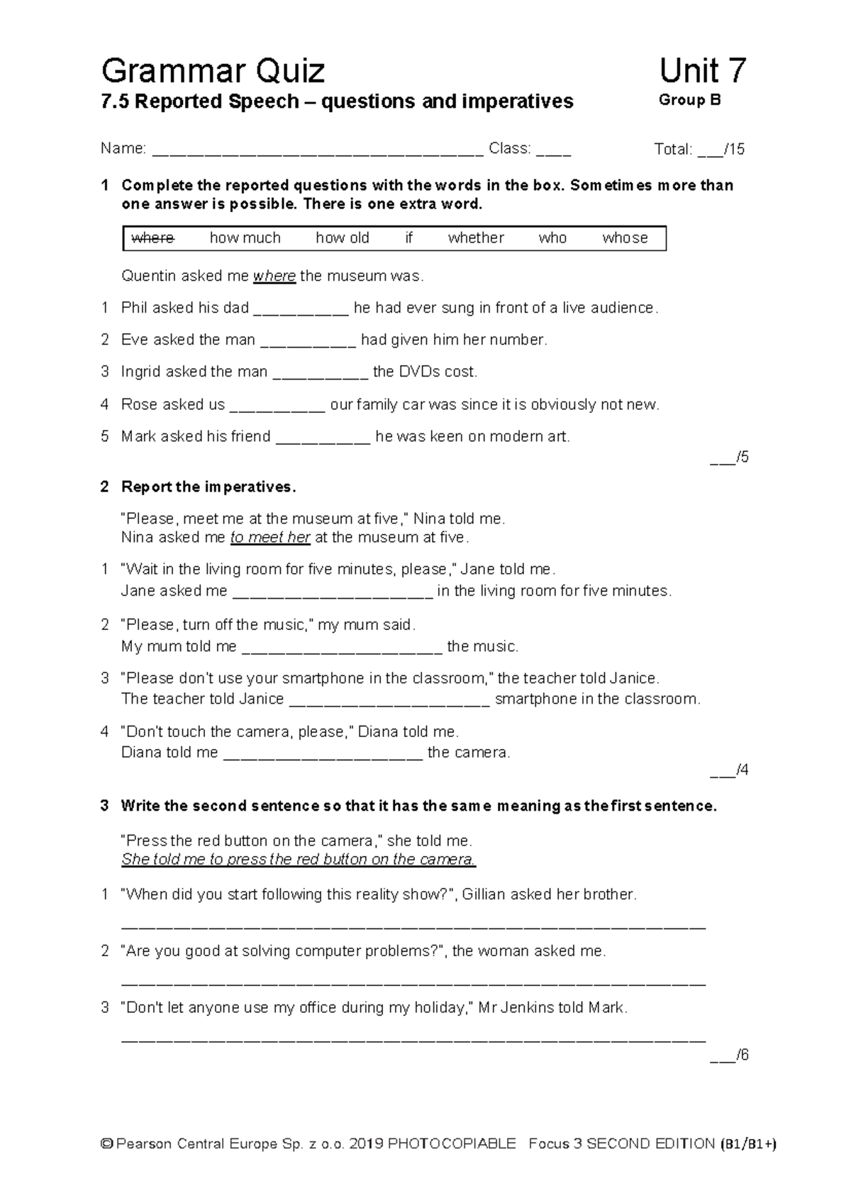 Focus 3 2E Grammar Quiz Unit 7 - Reported Speech Group B - Studocu