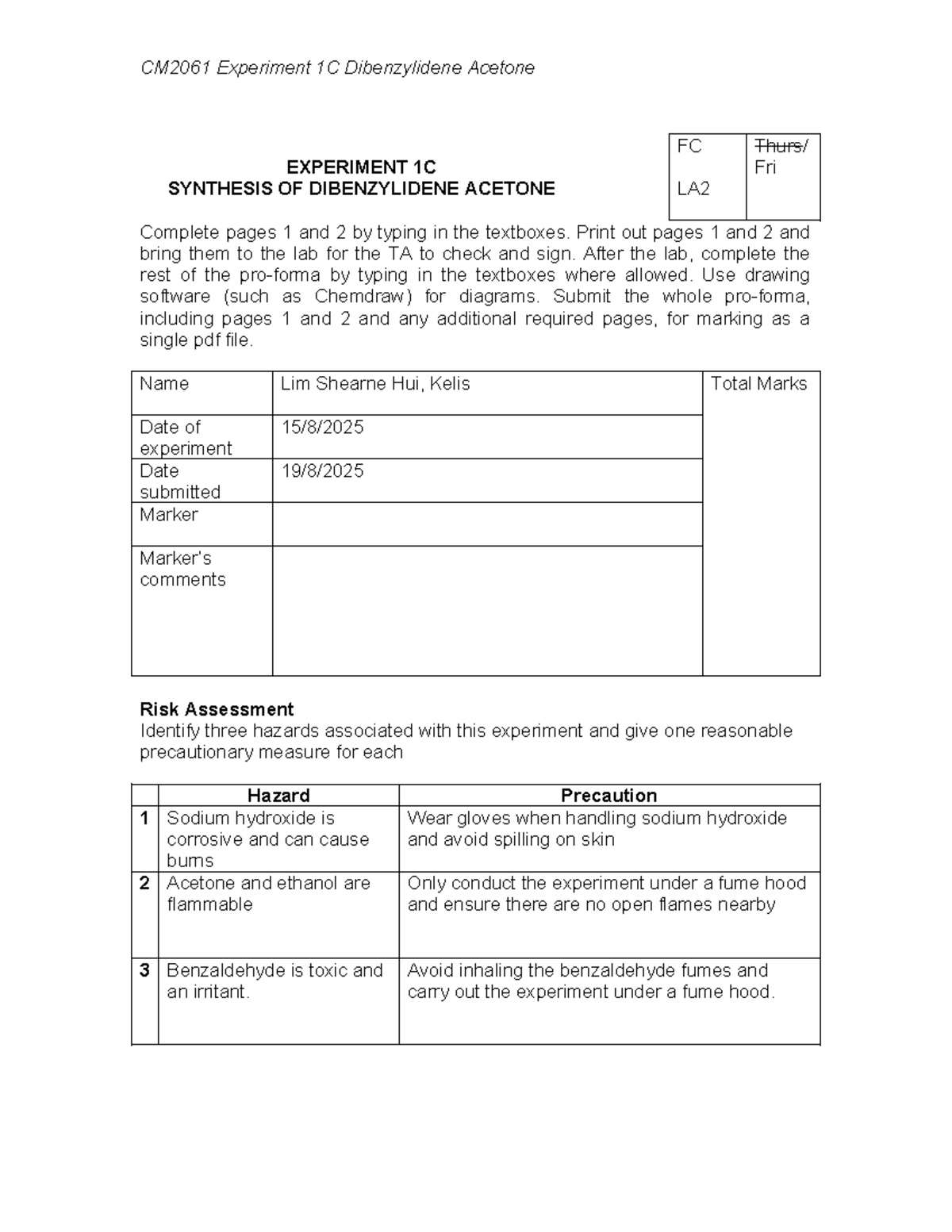 CM2061 Experiment 1C: Synthesis of Dibenzylidene Acetone Lab Report ...