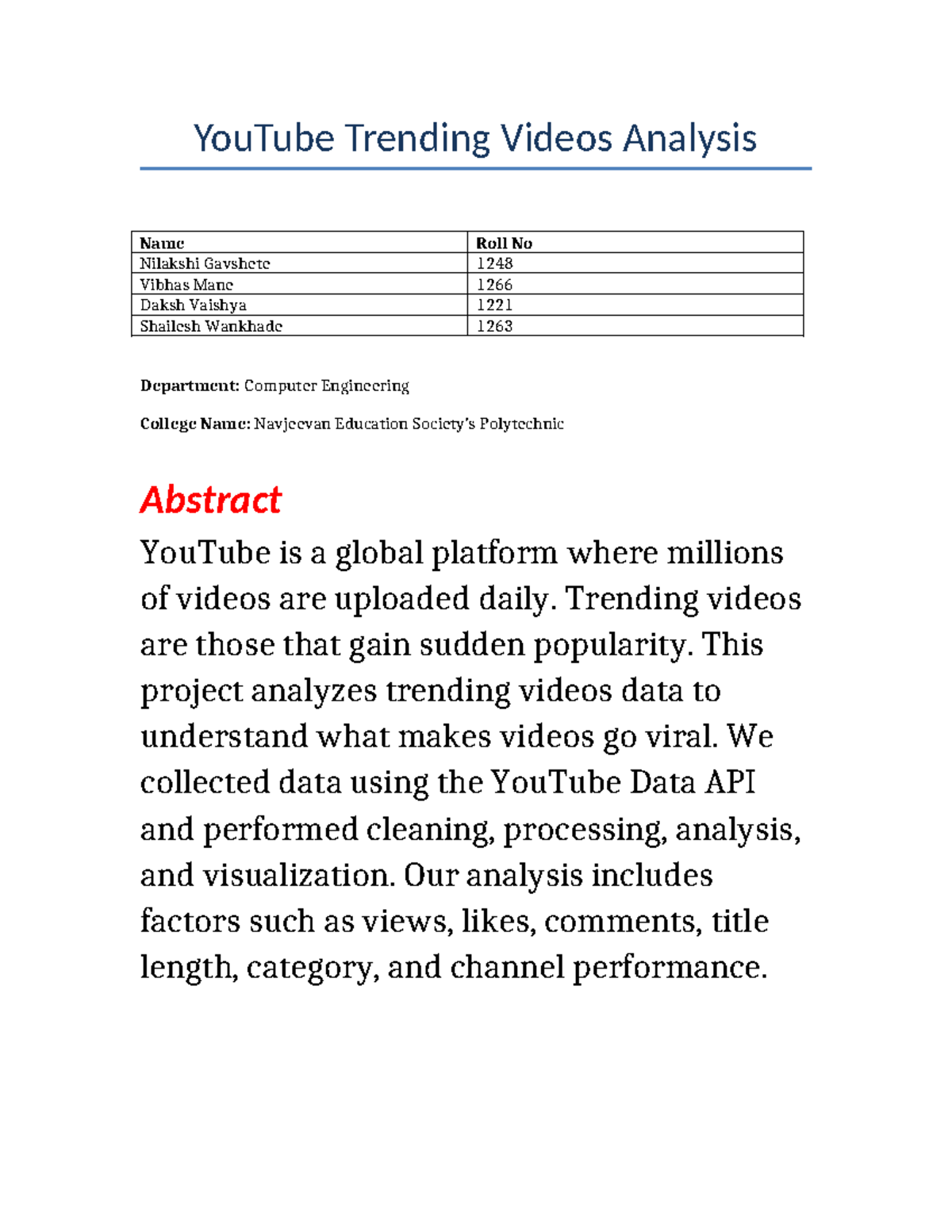 YouTube Trending Videos Analysis - Final Report (CSE 1248) - Studocu