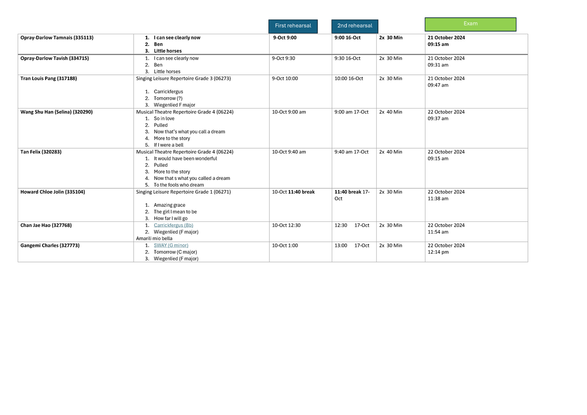 AMEB Rehearsal Schedule for Singing Leisure & Musical Theatre (06273 ...