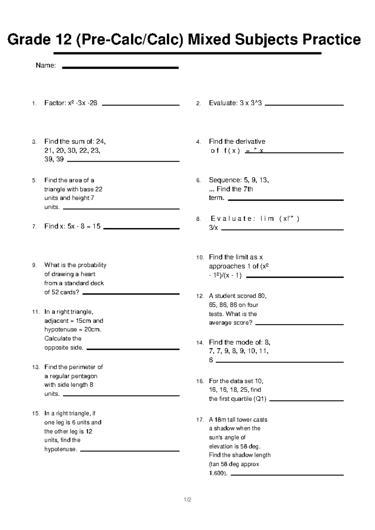 Grade 12 (Calc) Mixed Subjects Practice Exercises - Studocu