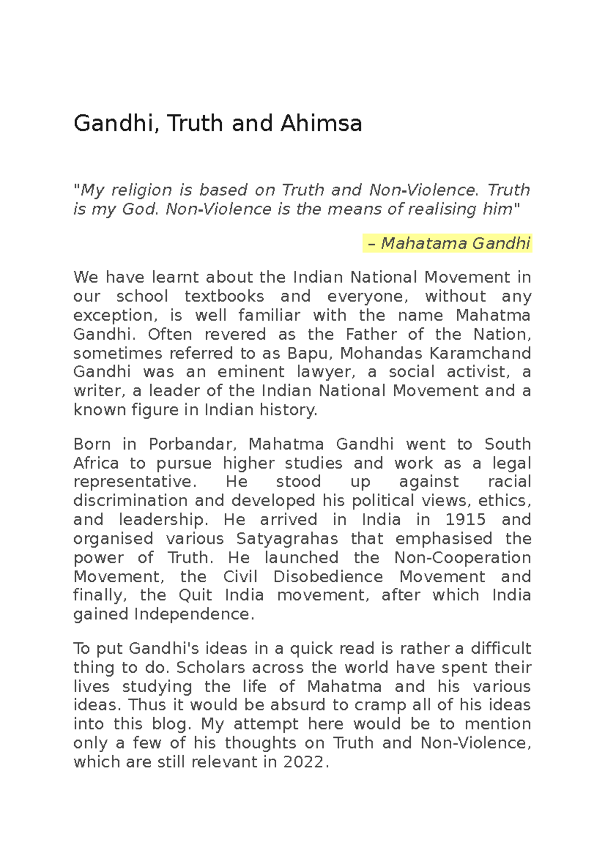 Gandhi and Ahimsa: Insights on Truth and Non-Violence - Law Notes - Studocu