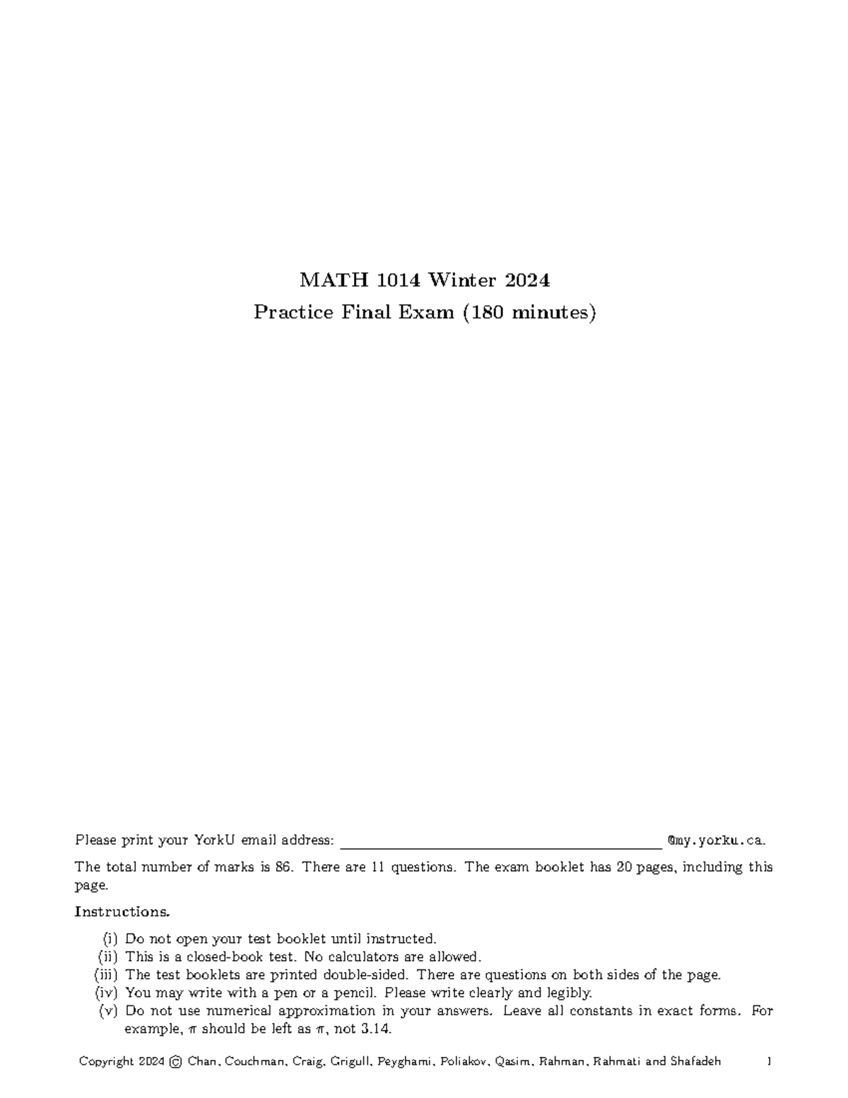 MATH 1014 W24 Practice Final Exam Guidelines and Questions - Studocu