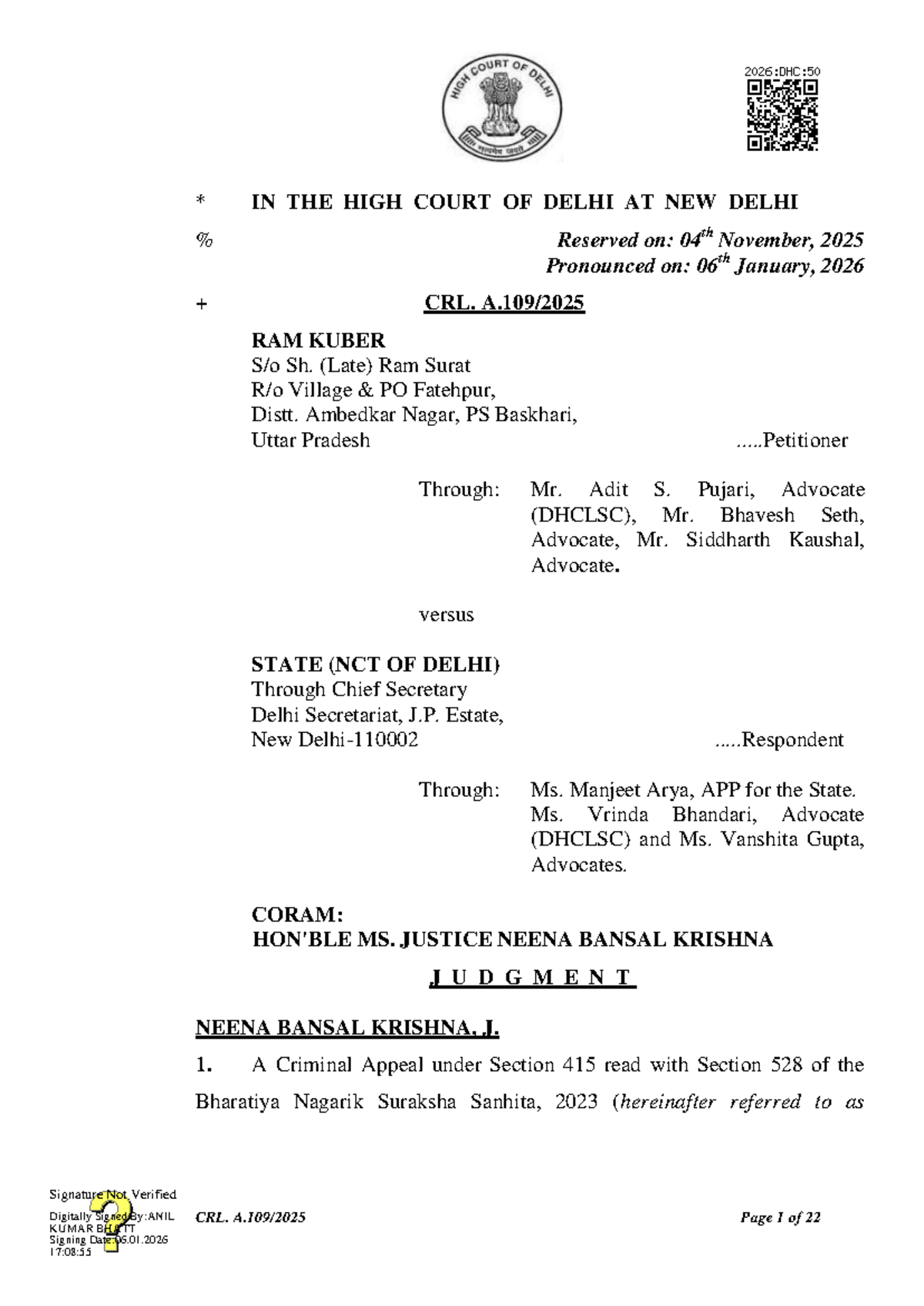 CRL. Appeal Judgment: Ram Kuber vs. State (NCT of Delhi) on POCSO Act ...