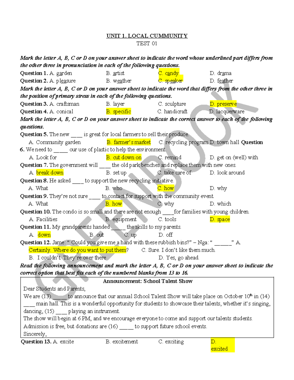 UNIT 1. LOCAL COMMUNITY TEST 01 & 02 ANSWERS - Studocu