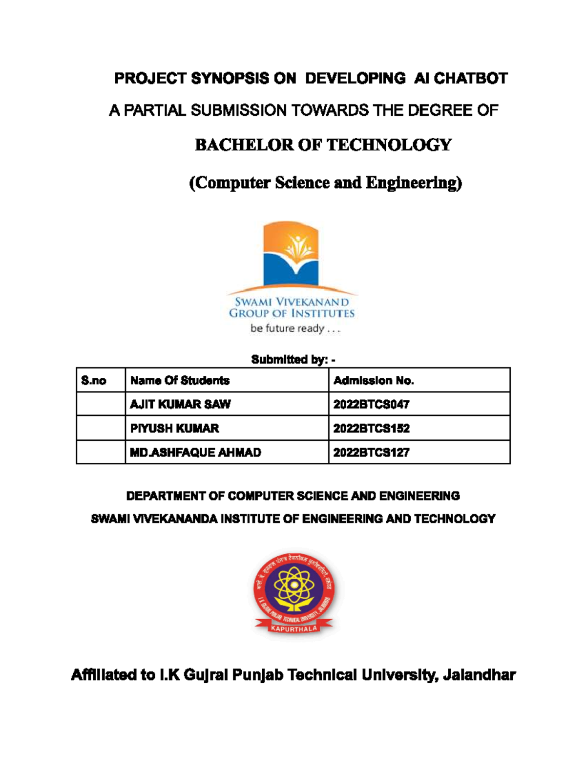 Project 1 - Developing an AI Chatbot for B.Tech (CSE) Submission - Studocu