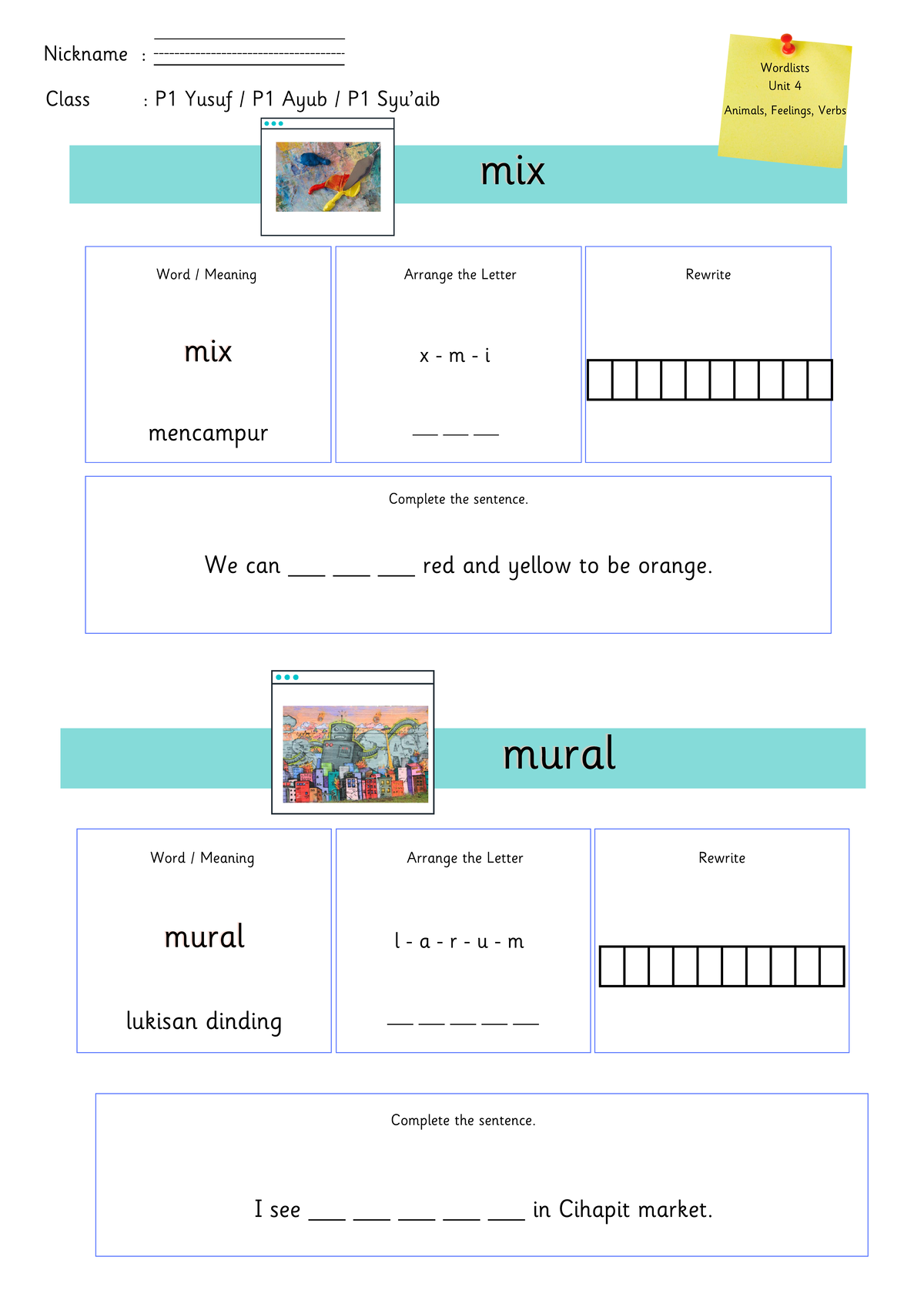 Wordlist P1 - Term 1 Week 8: Unit 4 Vocabulary Activities - Studocu