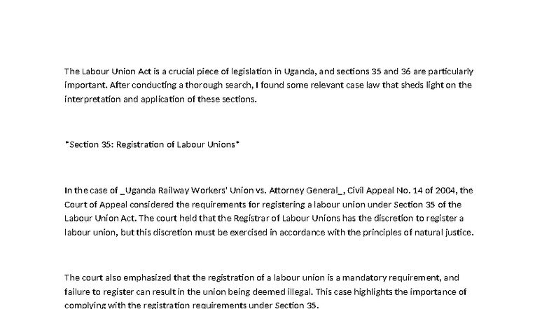 Labour Union Act Analysis: Key Cases on Sections 35 & 36 - Studocu