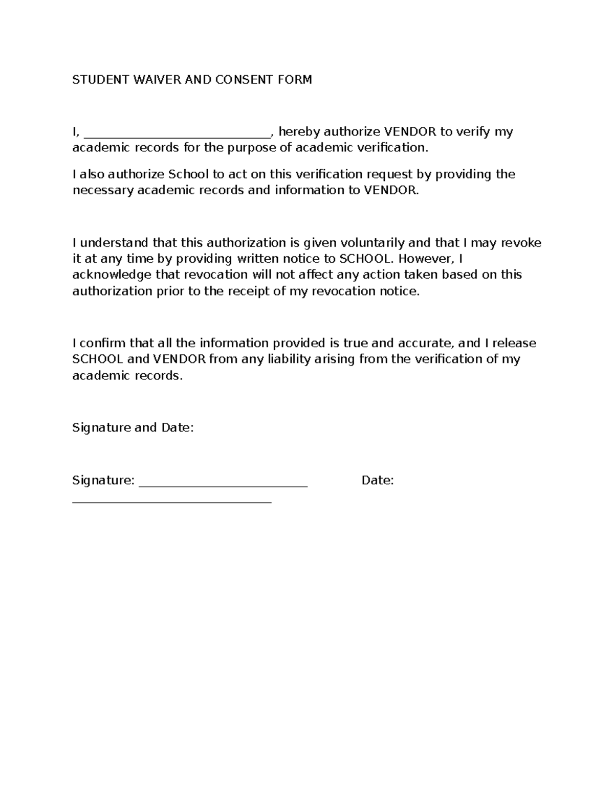 Student Waiver and Consent Form for Academic Verification - Studocu