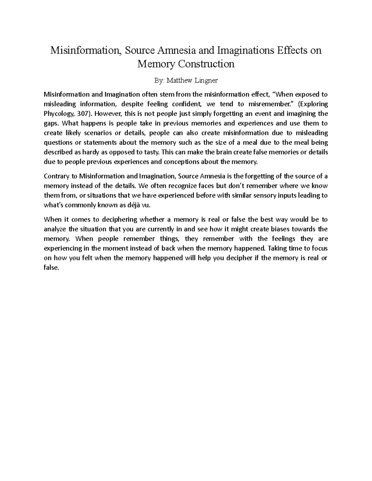 Chapter 8 Writing Assignment - Misinformation, Source Amnesia and ...