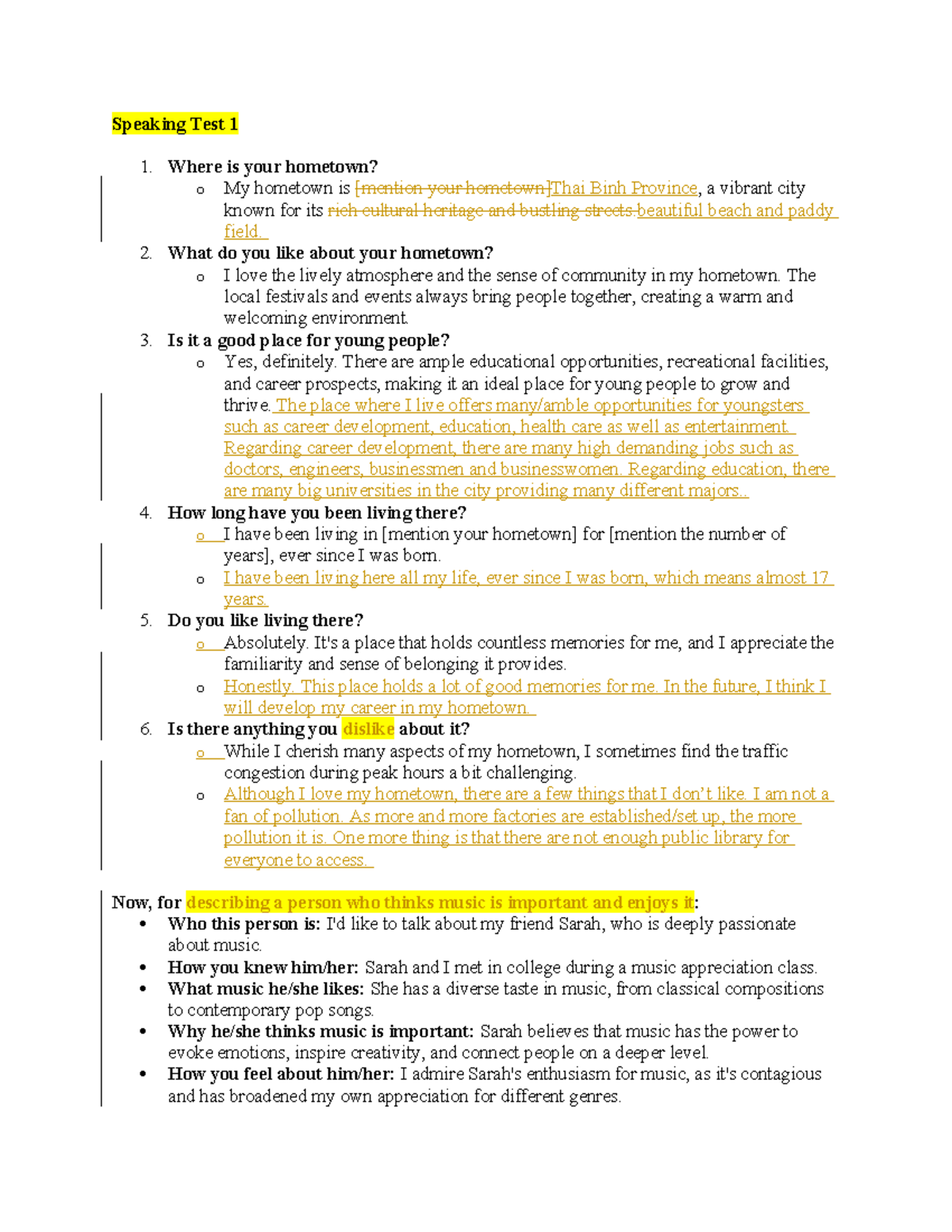 Speaking Test 1-17 Sample Answers for ESL Students - Studocu