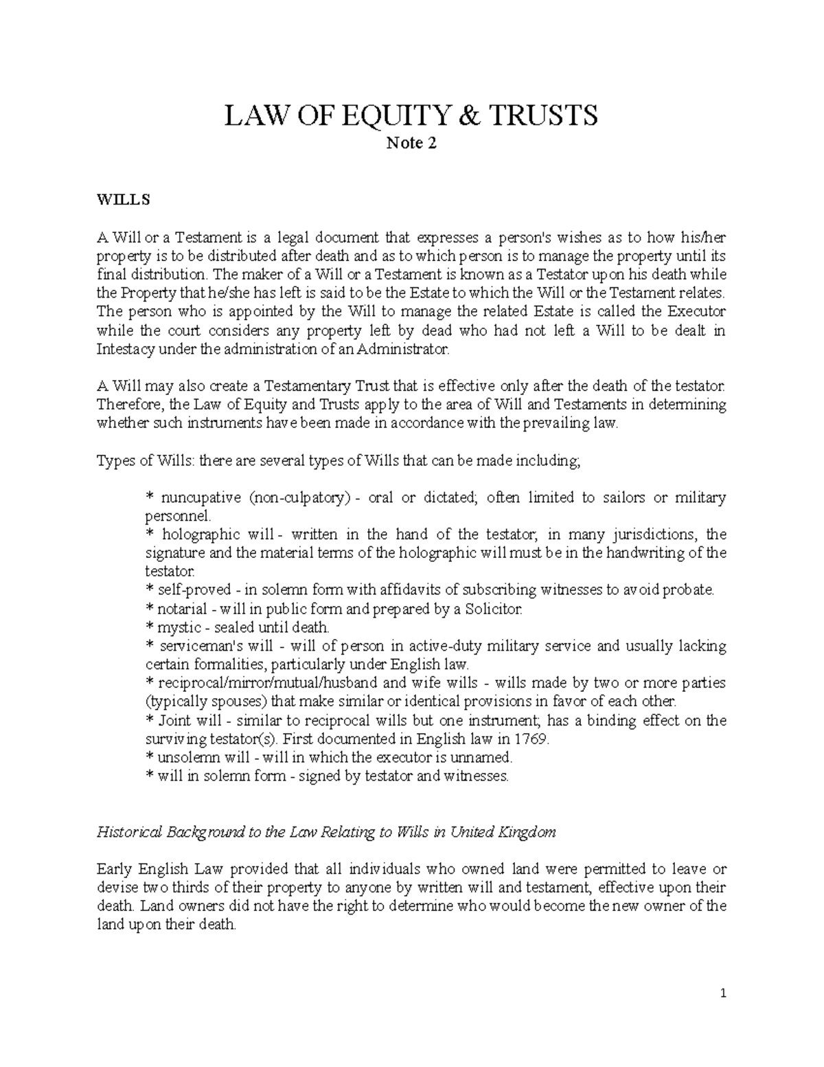 Law of Equity & Trusts - Wills Overview and Legal Framework - Studocu
