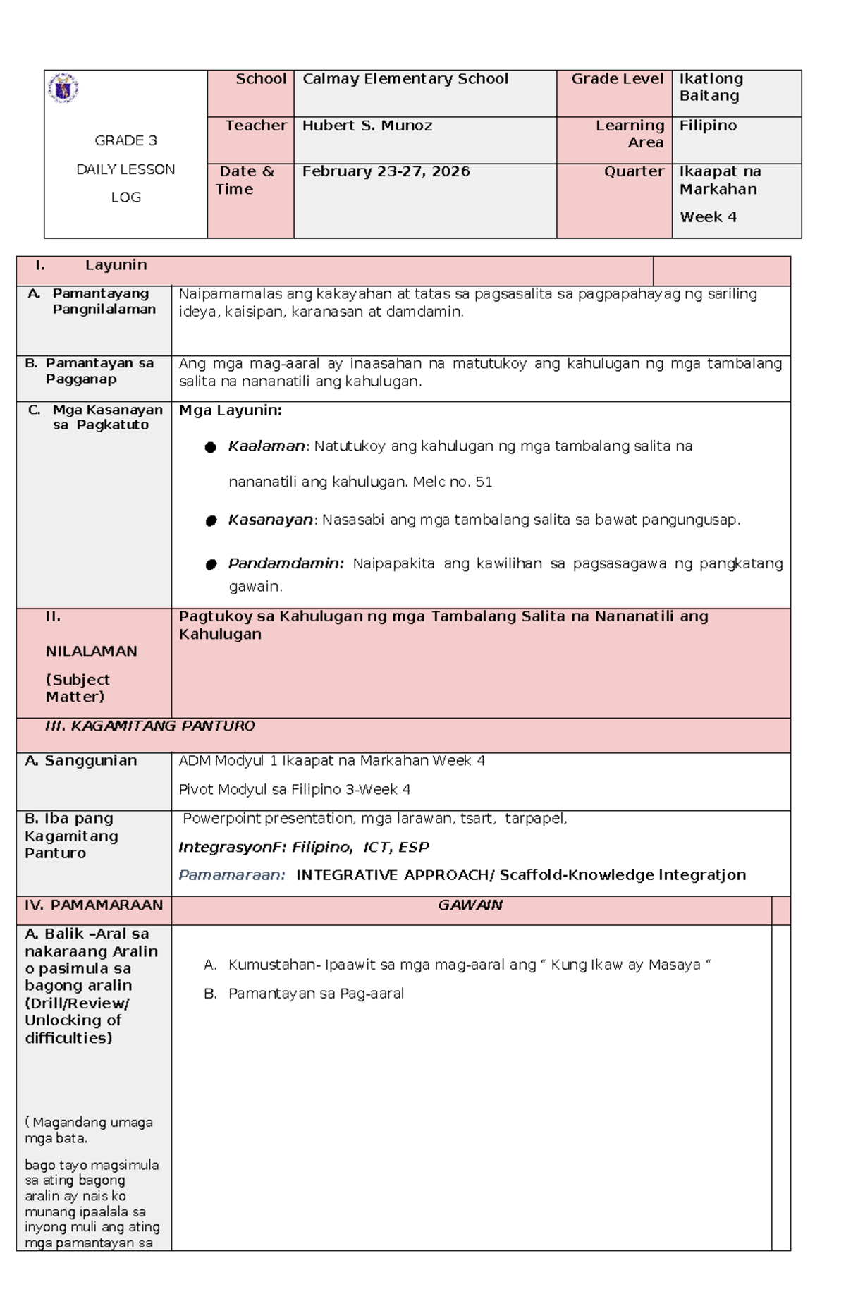 COT-Filipino-3-Q4-W4: Daily Lesson Log for Grade 3 - Studocu
