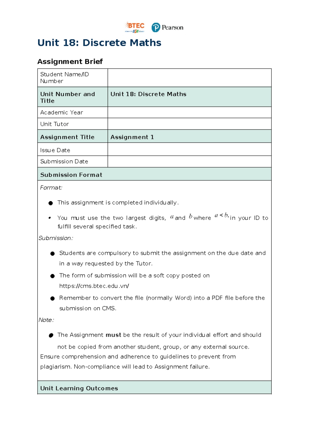 Assignment 1 - Unit 18: Discrete Maths Overview and Guidelines - Studocu