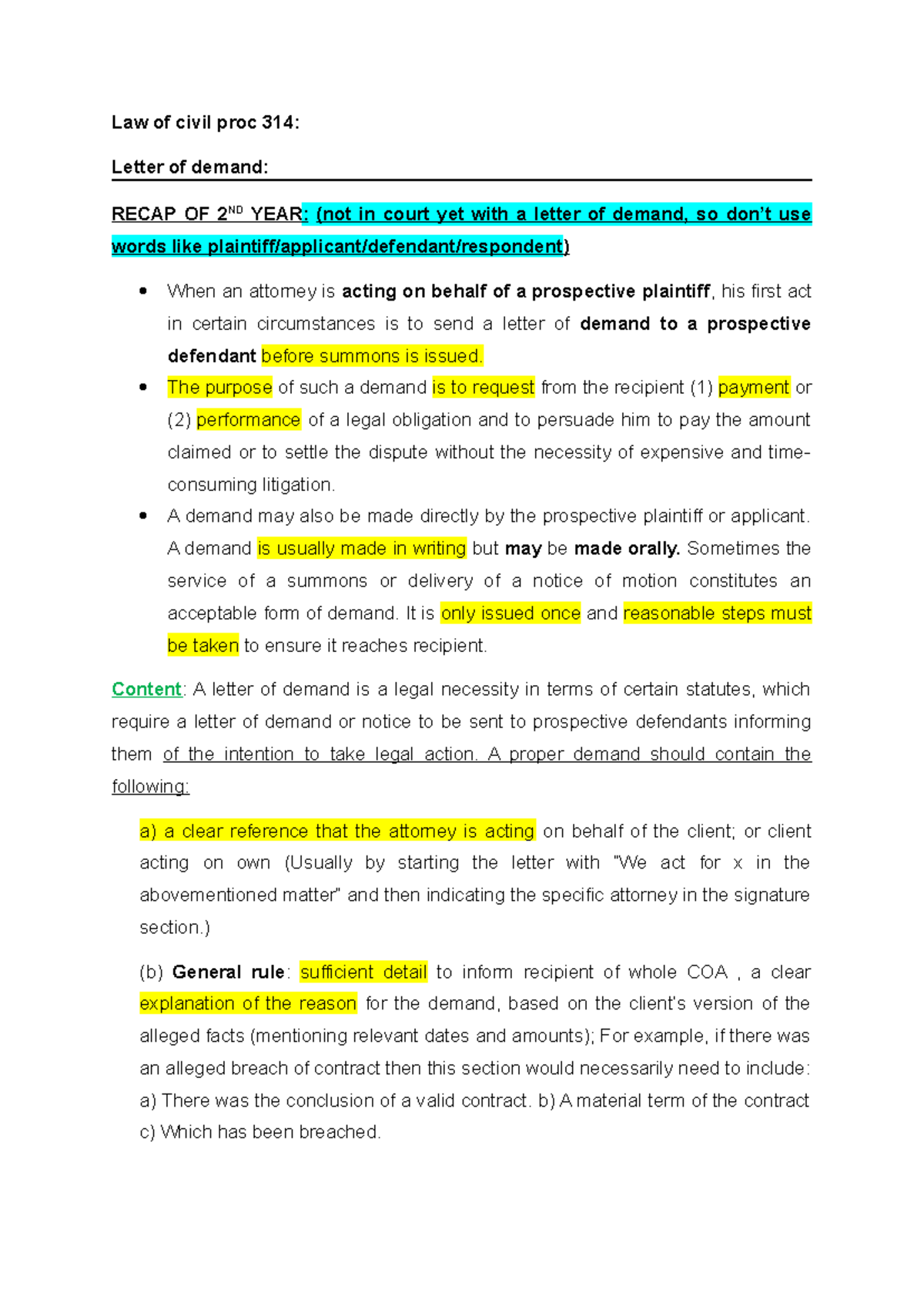 Law of Civil Proc 314: Drafting a Letter of Demand - 2nd Year Recap ...