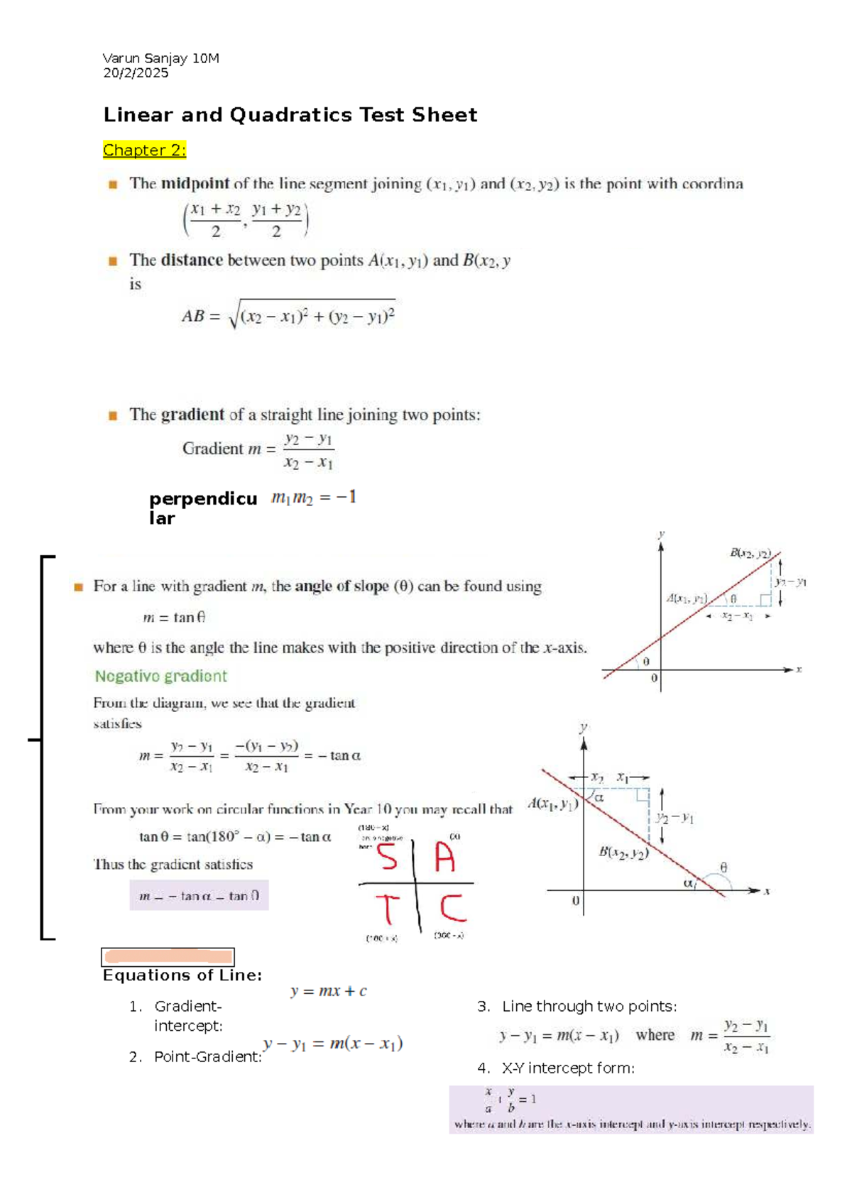 VCE Maths M 12 - Linear & Quadratics Test Sheet: Chapter 2 & 3 - Studocu