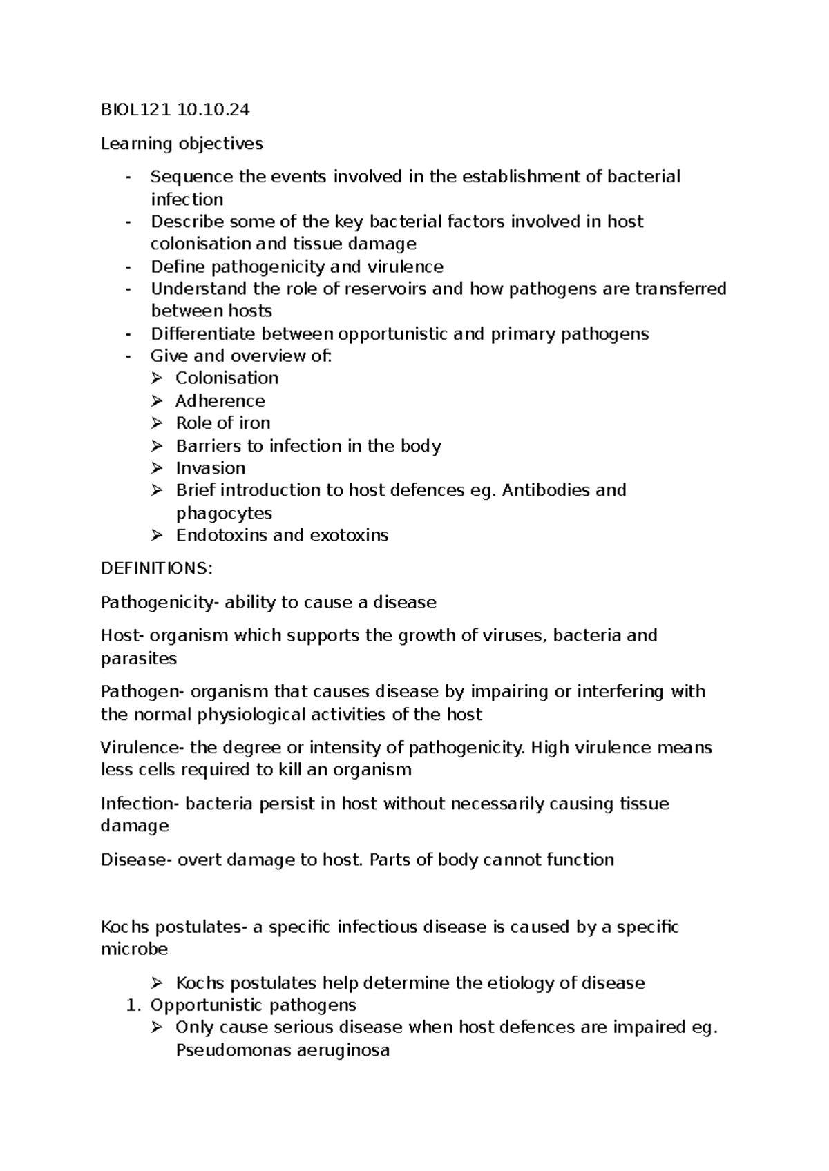 BIOL121 10.10.24 Bacterial Infection and Pathogenicity Overview - Studocu