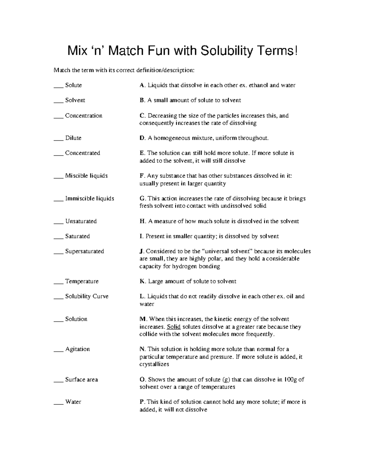 01- Key Terms in Solubility: Match Definitions & Descriptions - Studocu