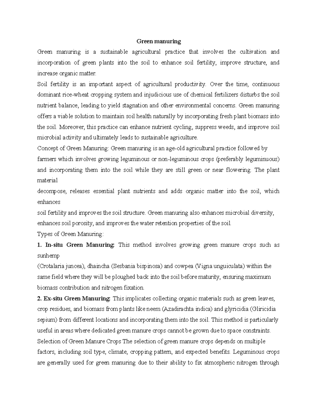 Green Manuring: Lecture Notes on Sustainable Agriculture Practices ...