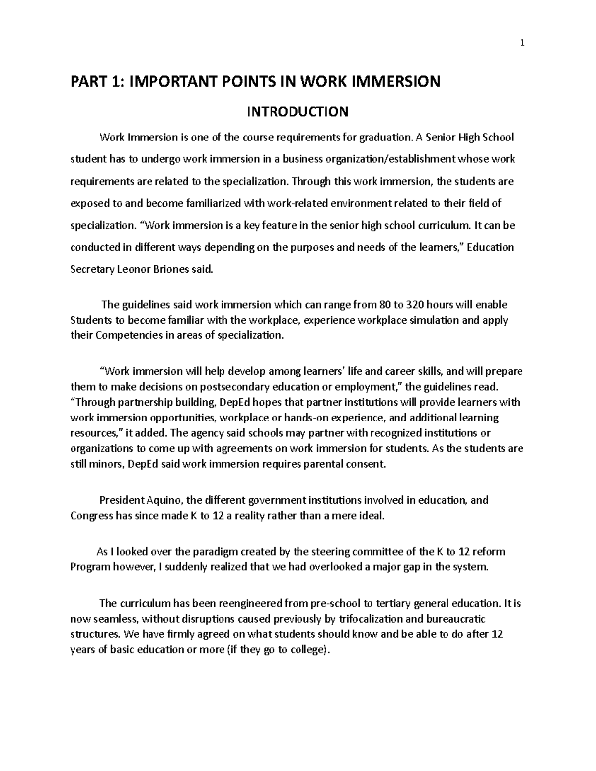 WORK Immersion Final Exam: Key Points and Personal Reflections - Studocu