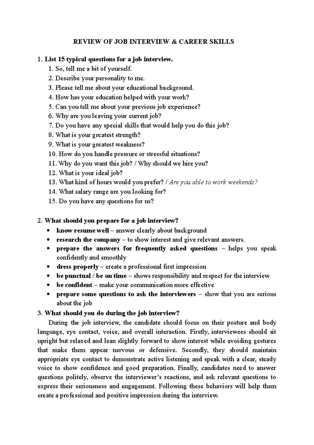 JOB Interview Skills Review: Typical Questions & Preparation Tips - Studocu