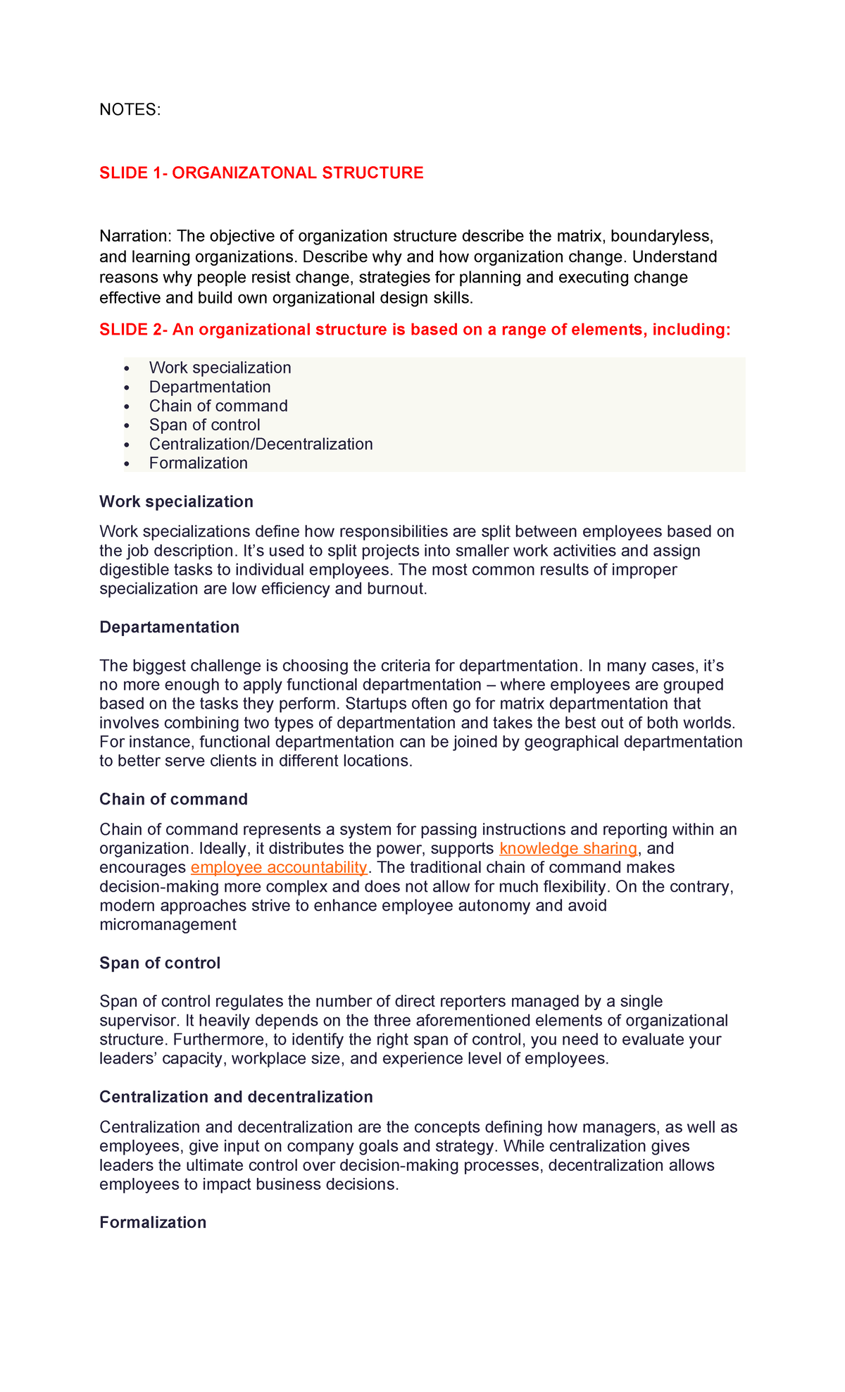 MBA Management: Organizational Structure Notes and Change Strategies ...