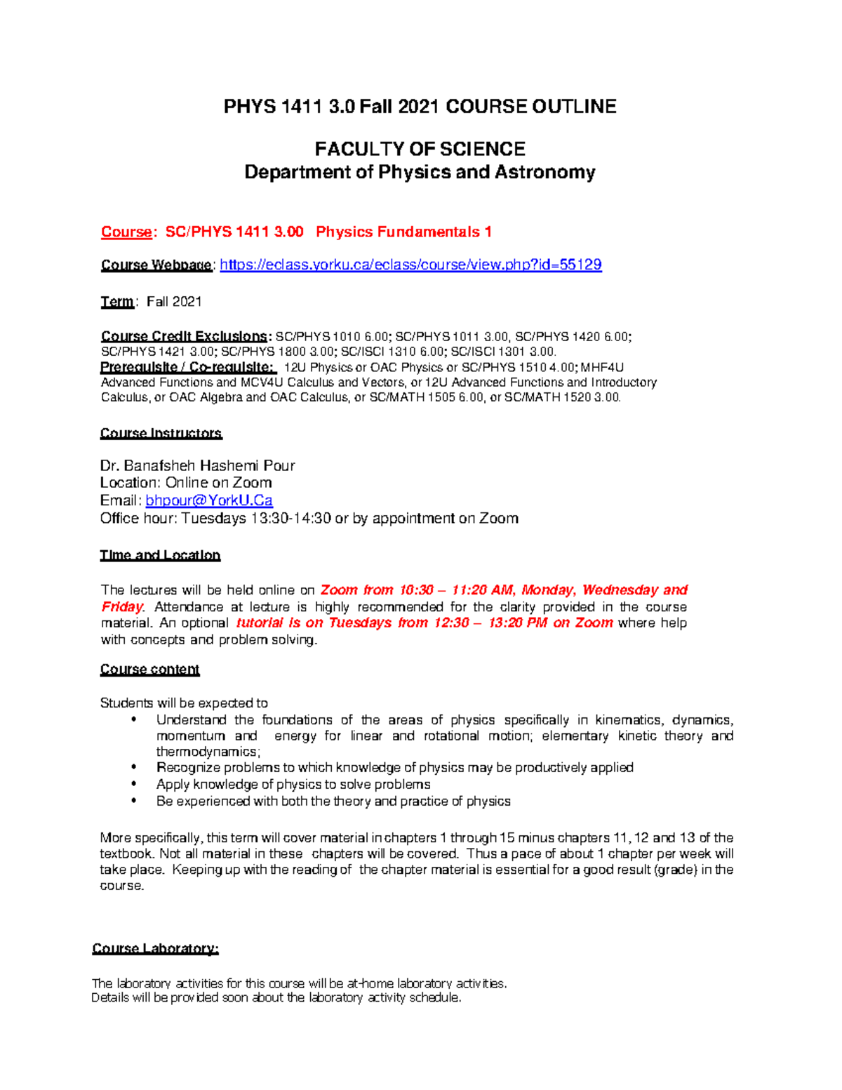 PHYS 1411 3.0 Fall 2021 Detailed Course Outline and Requirements - Studocu