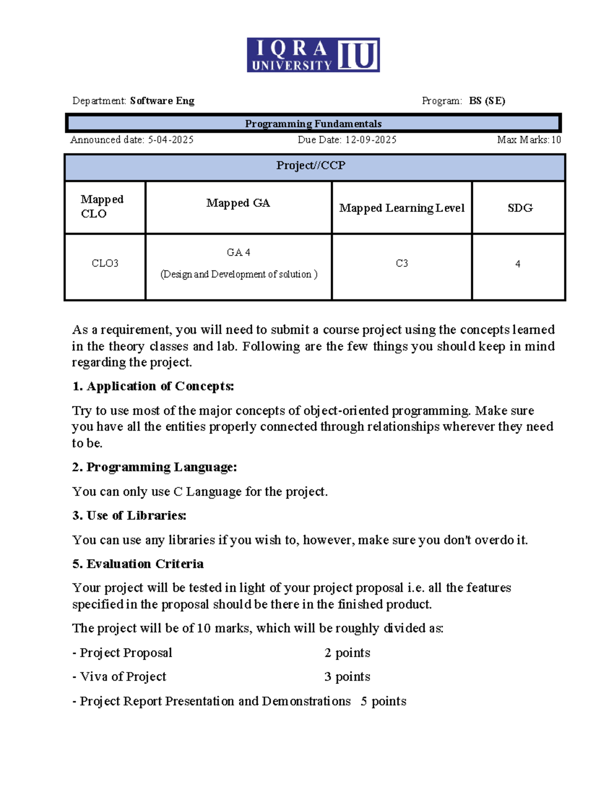 BS (SE) Programming Fundamentals Project Guidelines (Max Marks: 10 ...