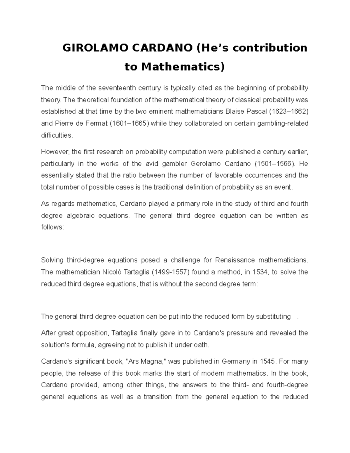 Girolamo Cardano: A Pioneer in Probability and Algebra (MATH 101) - Studocu