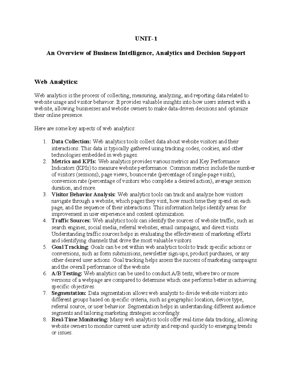 Wsma Unit 1: Business Intelligence & Web Analytics Overview - Studocu