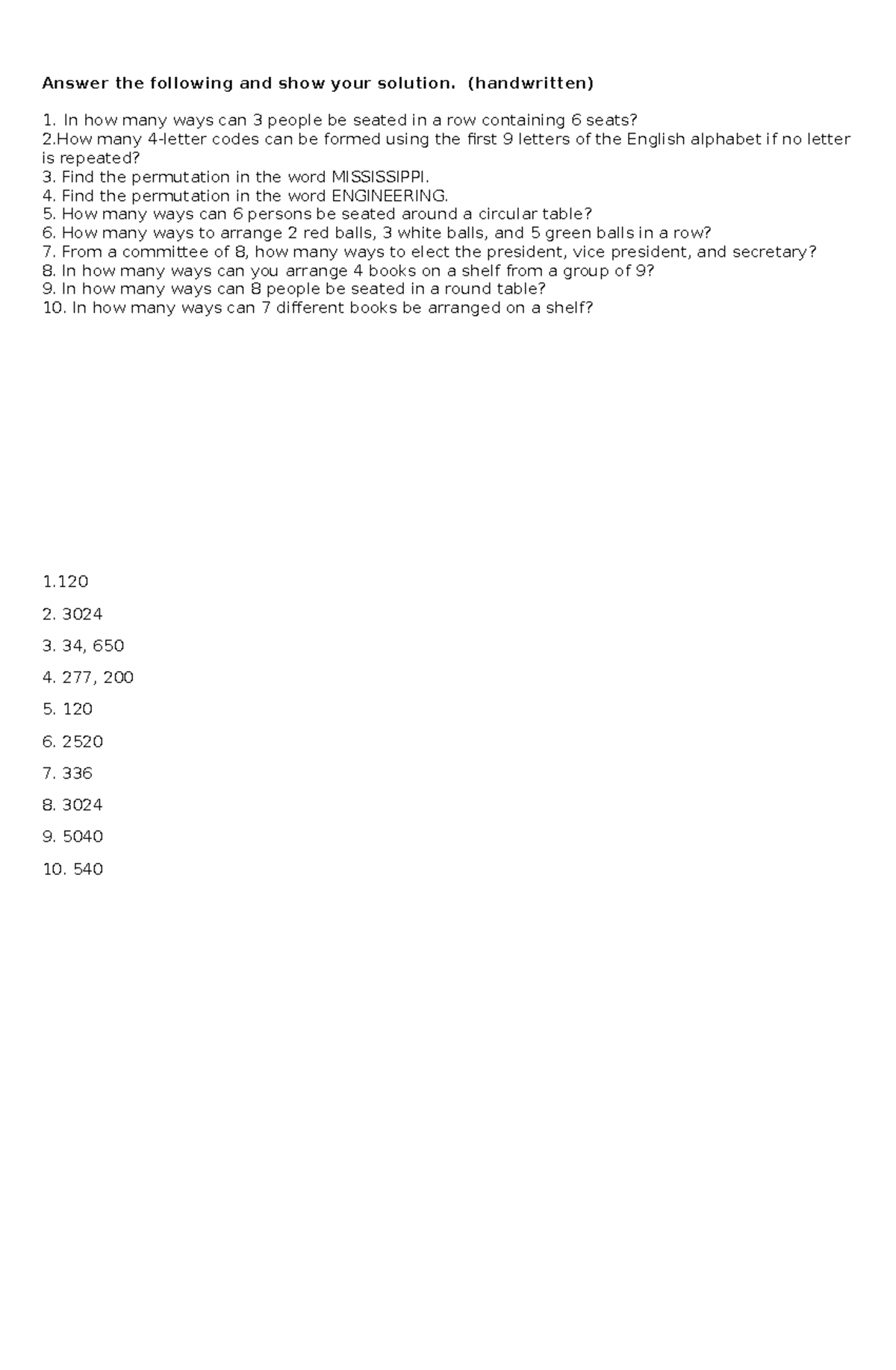 Permuation quiz - quiz on permutation - Answer the following and show ...