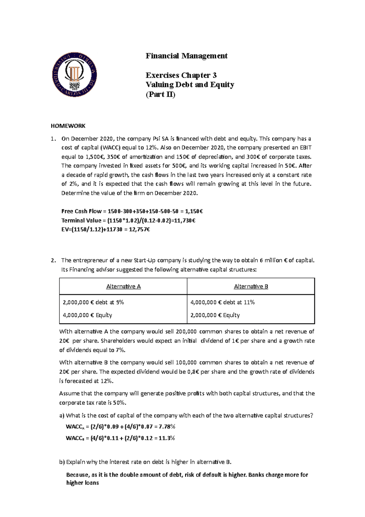 Chapter 3.2 Exercises - Financial Management (UC3M) Homework - Studocu